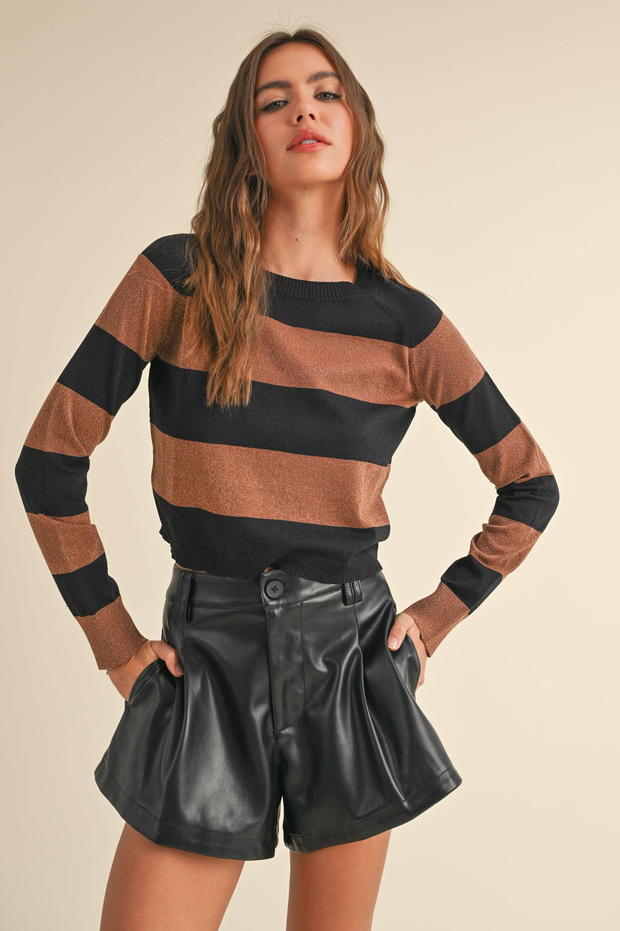 Striped Lurex Knit Cropped Sweater