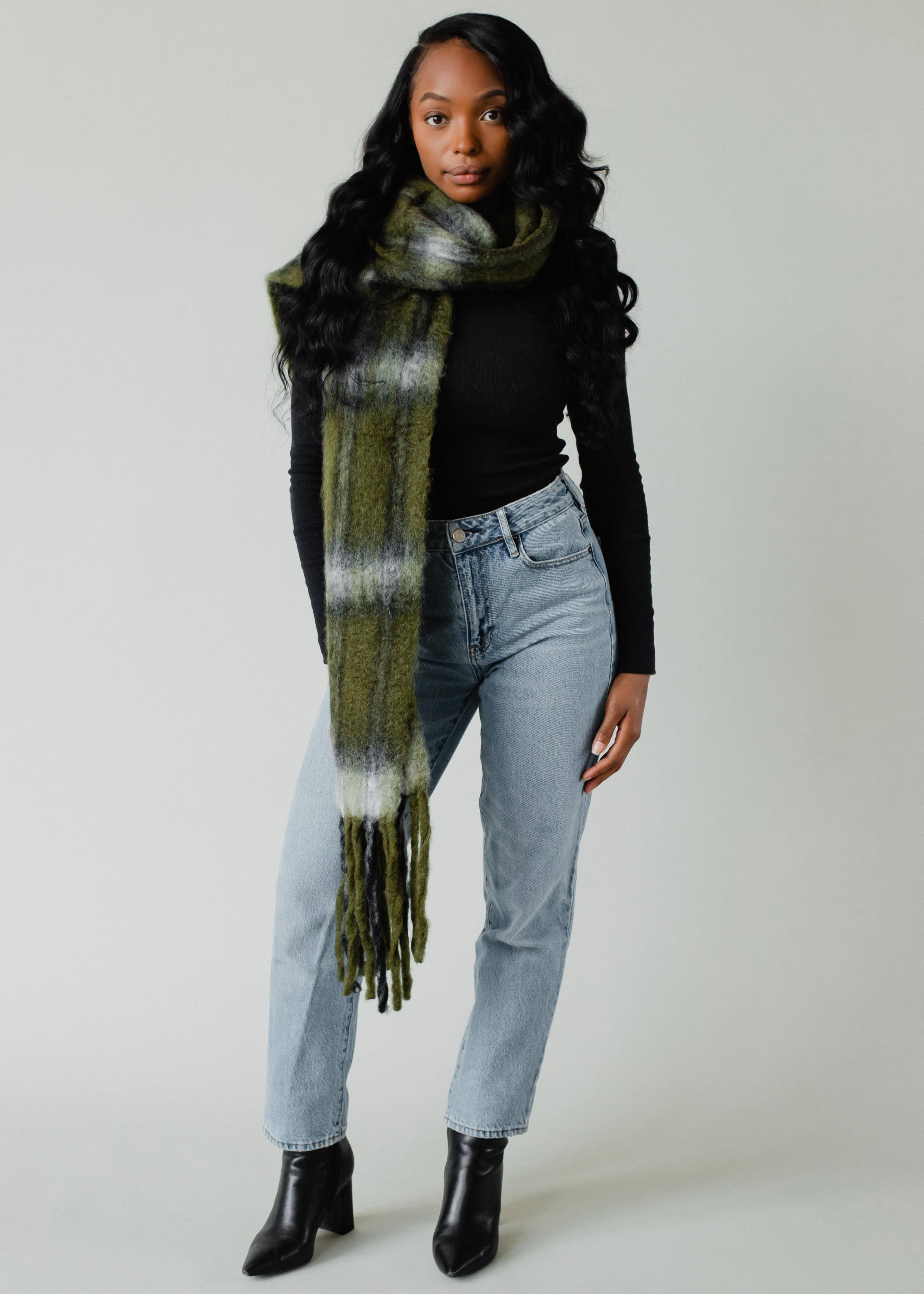 Olive Plaid Long Scarf with Fringe