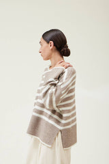 Sigi Wide Rib Hem Sweater in Grey/Ivory