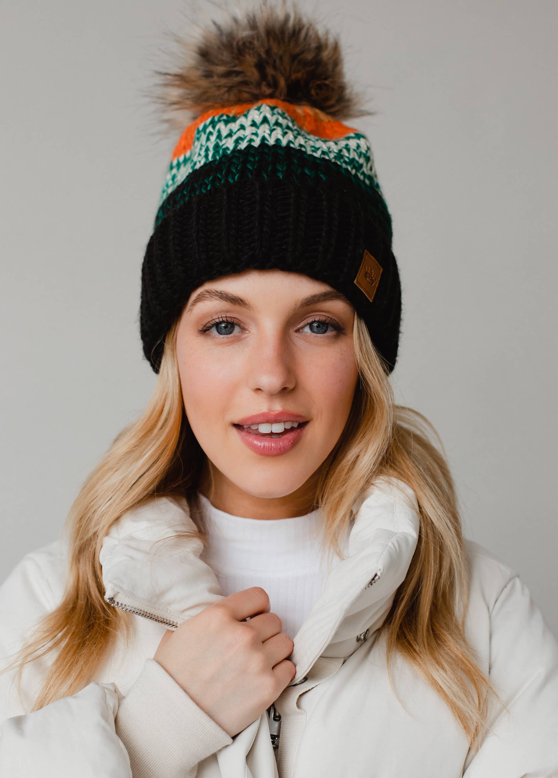 Black, Green & Orange Patterned Pom Hat