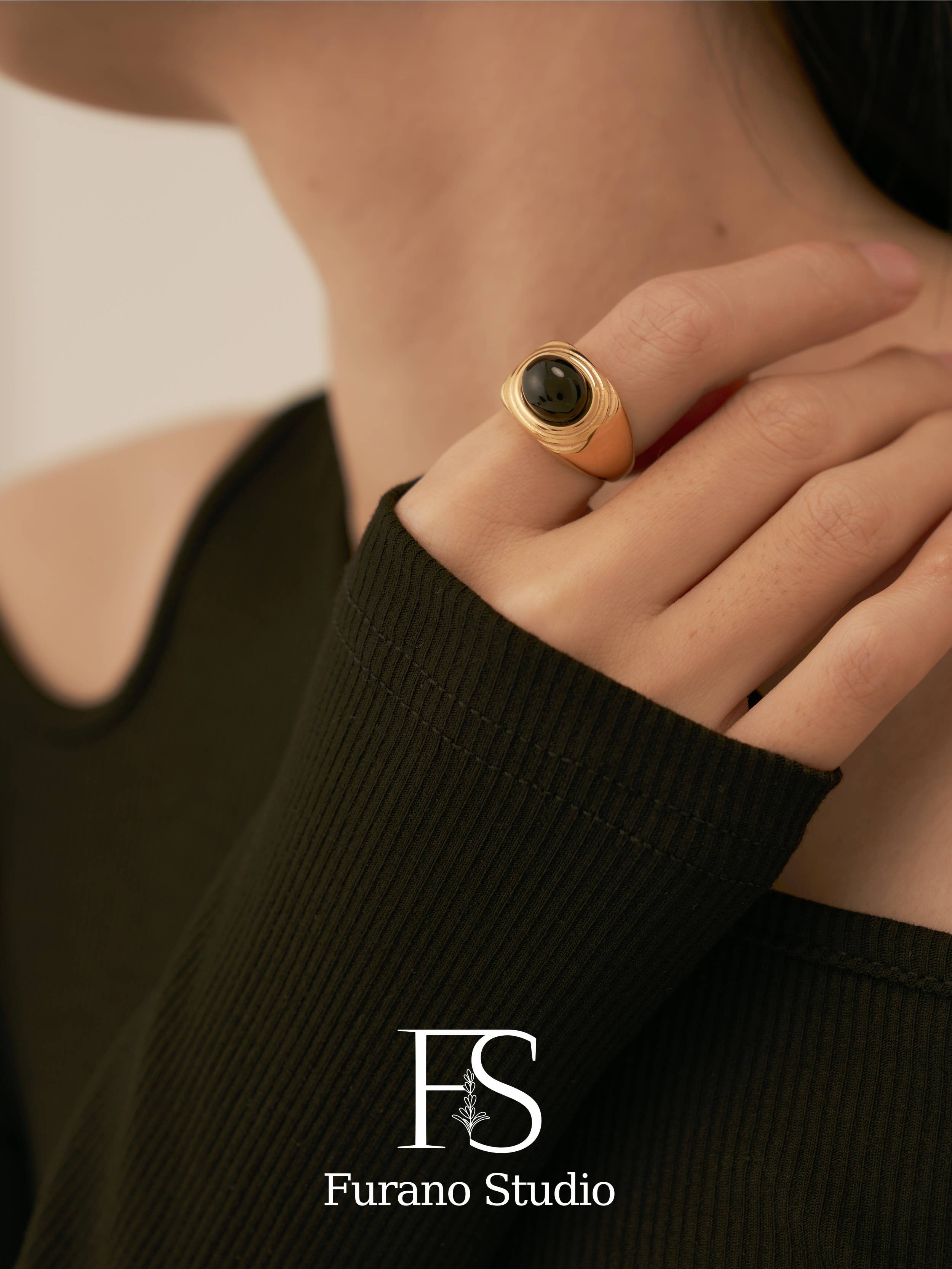 18k Gold Plated Black Onyx Square Signet Ring