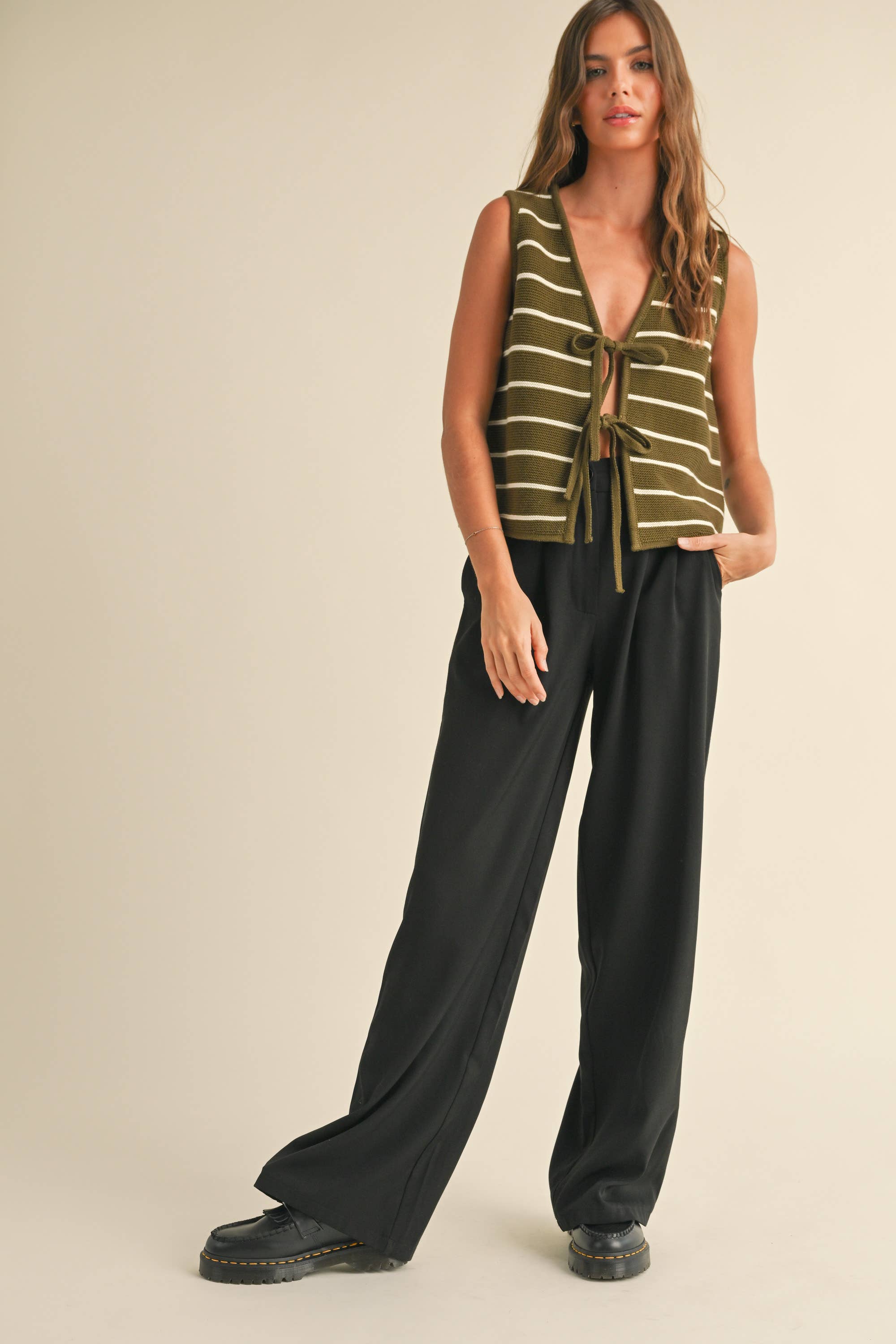 Striped Knit Tie Front Vest in Olive