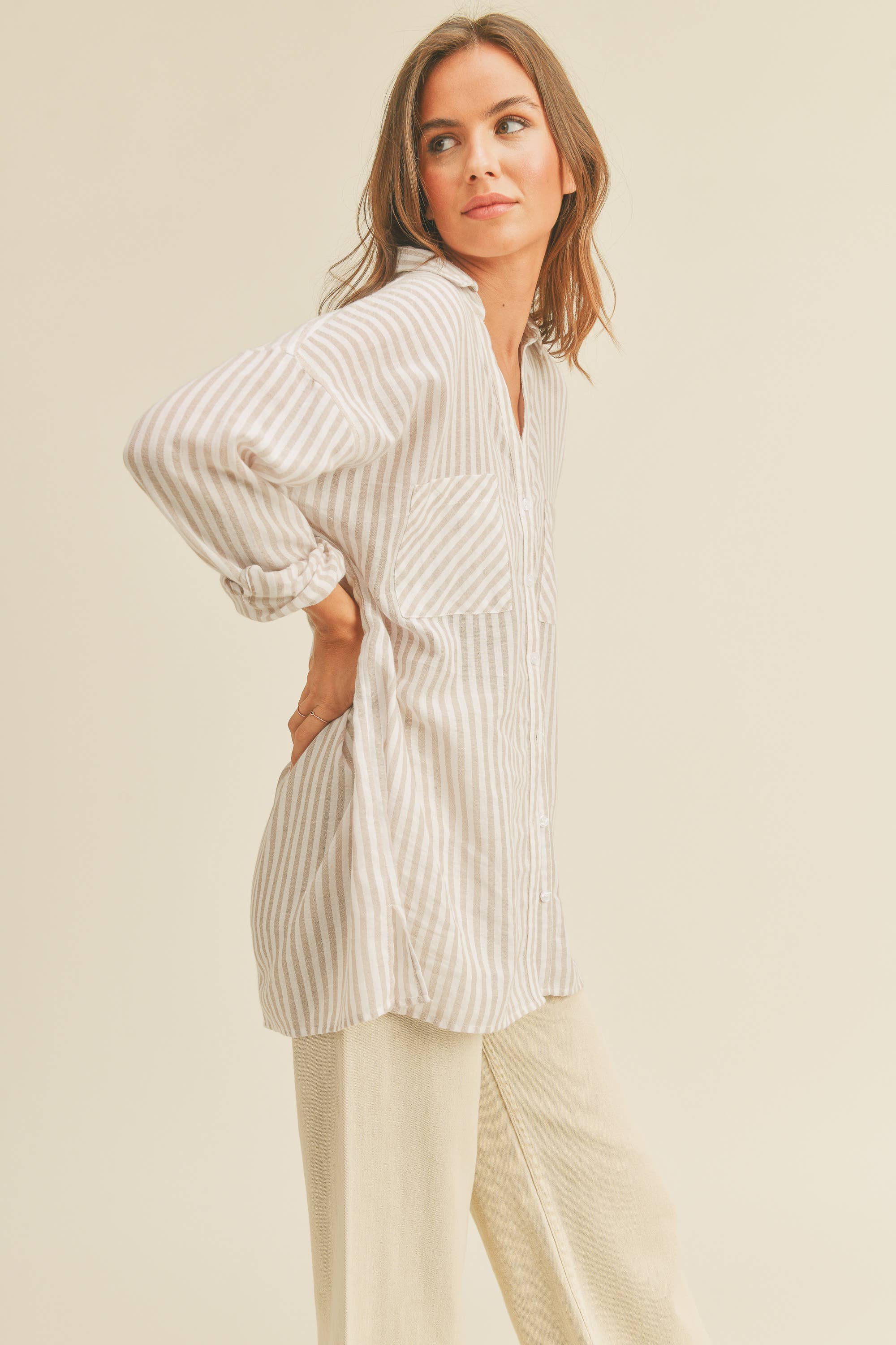 Aline Button Down in Beige or Grey