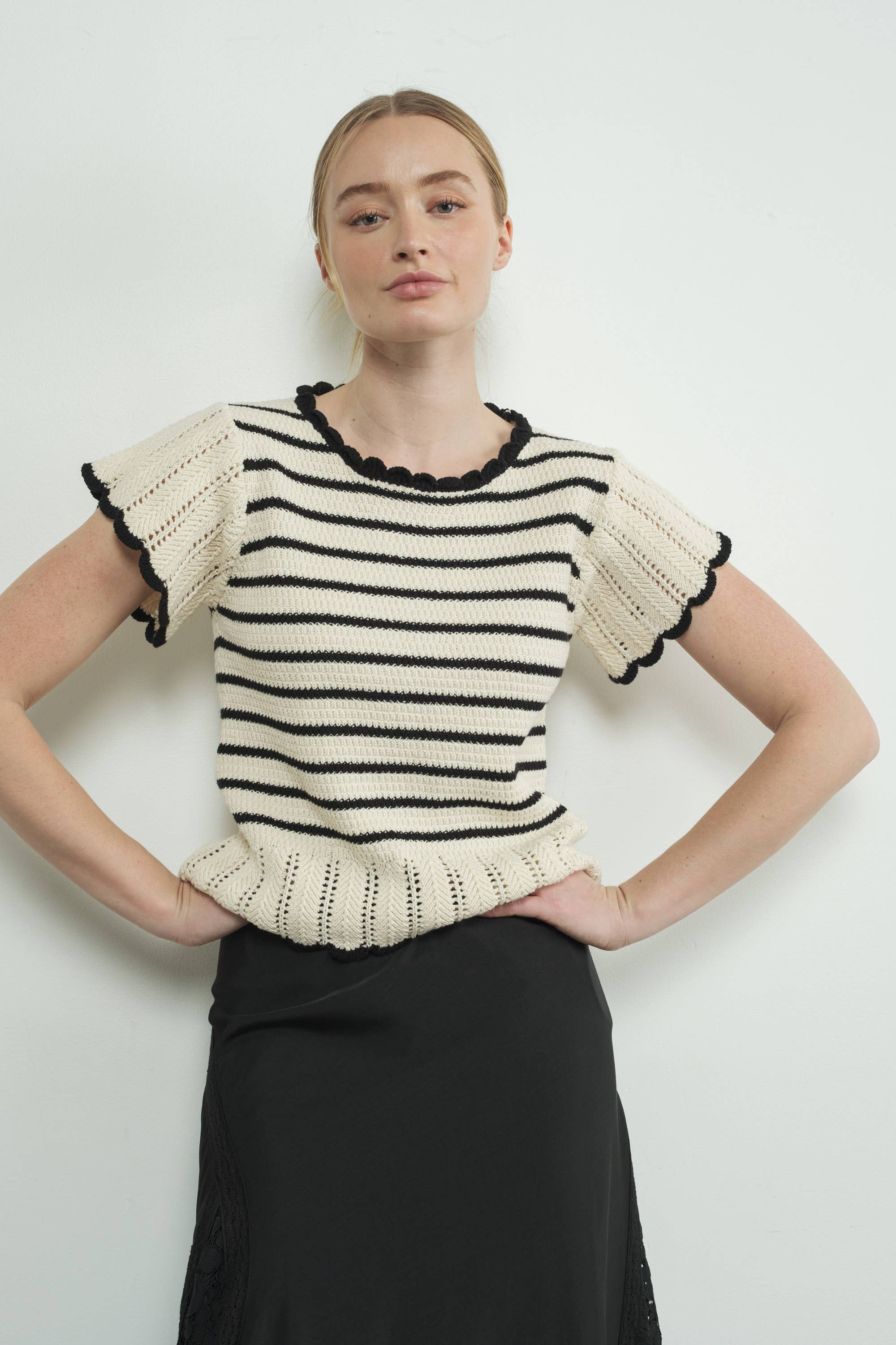 Striped Crochet S/S Sweater in B/W