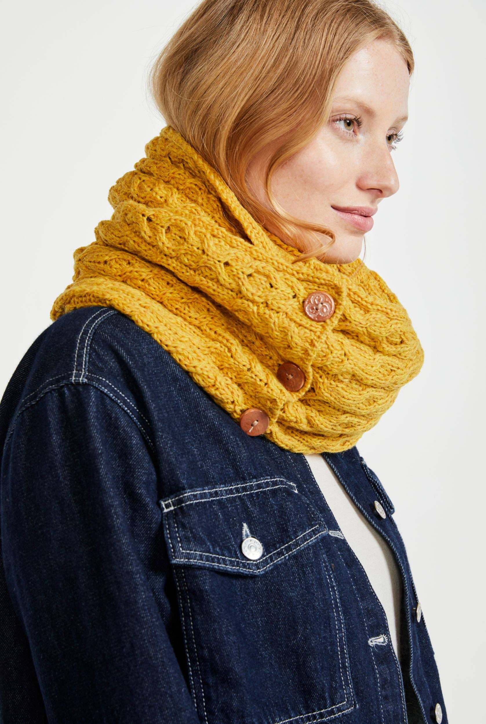 Kilmaine Aran Snood Scarf with Buttons - Yellow