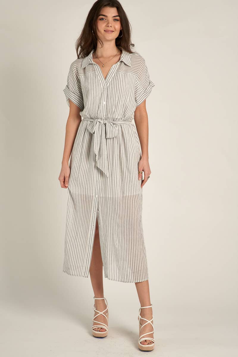 Sia White Striped Sleeve Button Down Shirt Dress