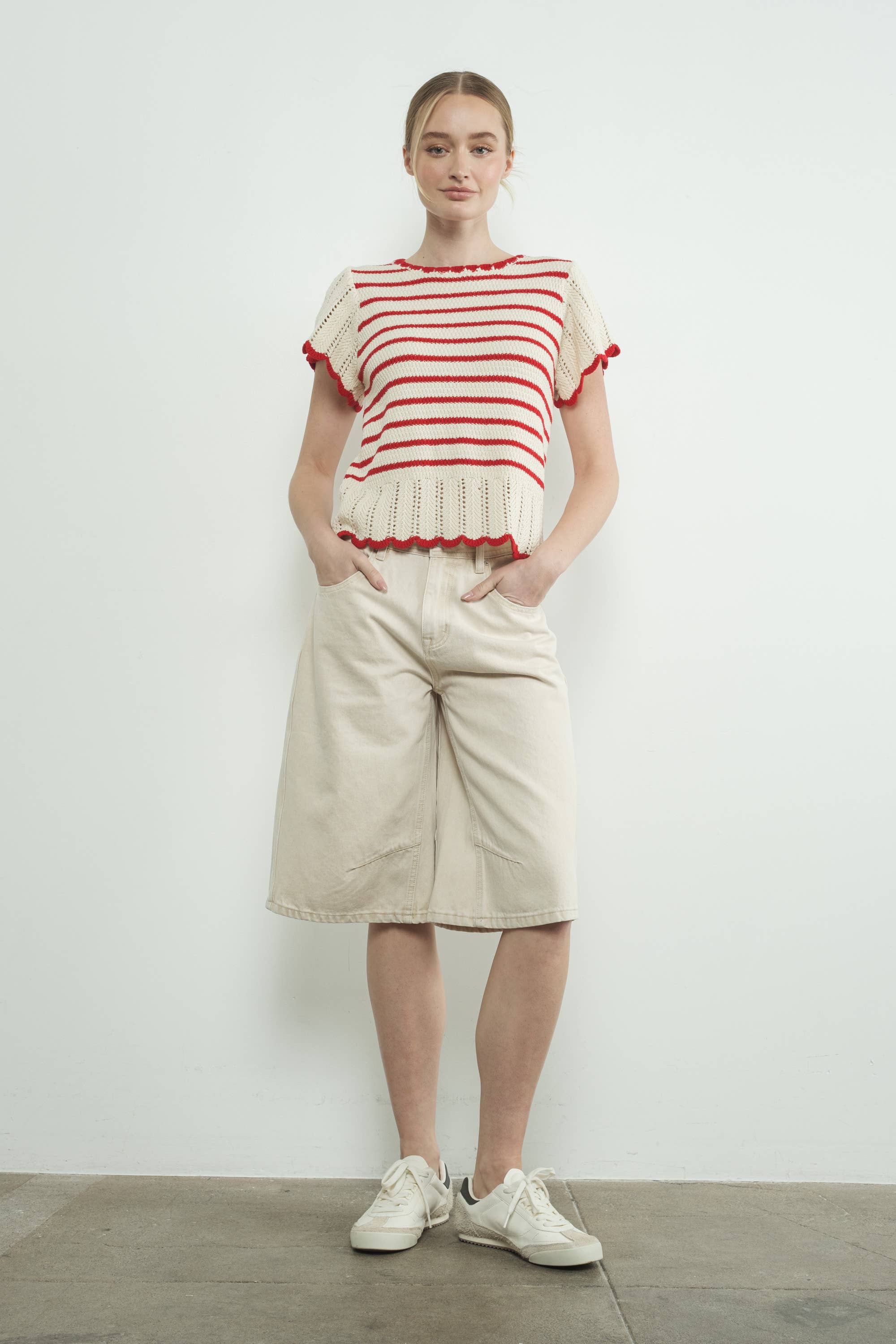 Striped Crochet S/S Sweater in Red/White