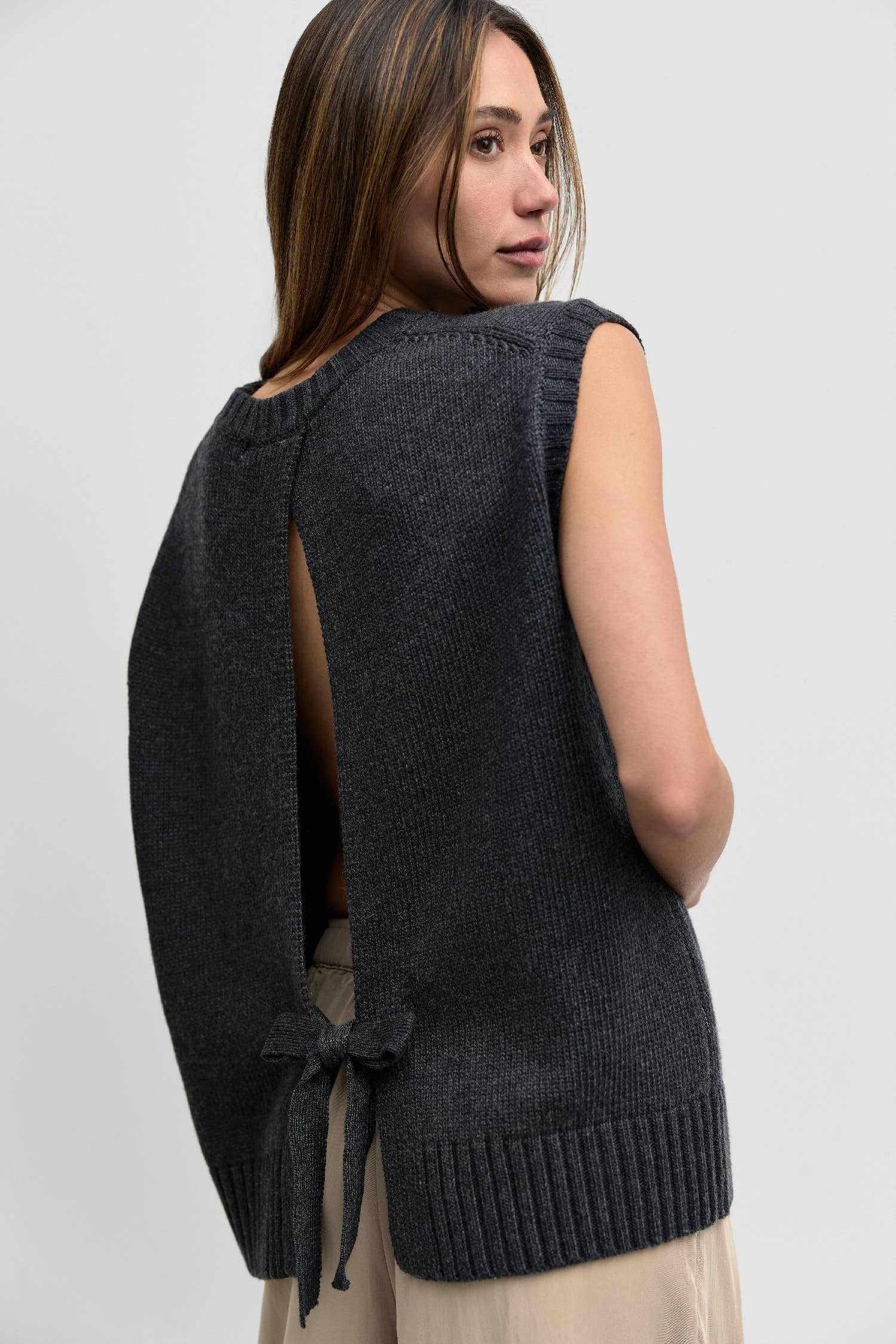 The Merritt Tie Back Knit Vest in Charcoal