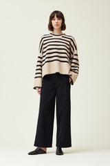 Sigi Wide Rib Hem Sweater in Oat/Black