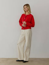 The Lucy Cardigan in Red, Dk Grey, Green, or Yellow