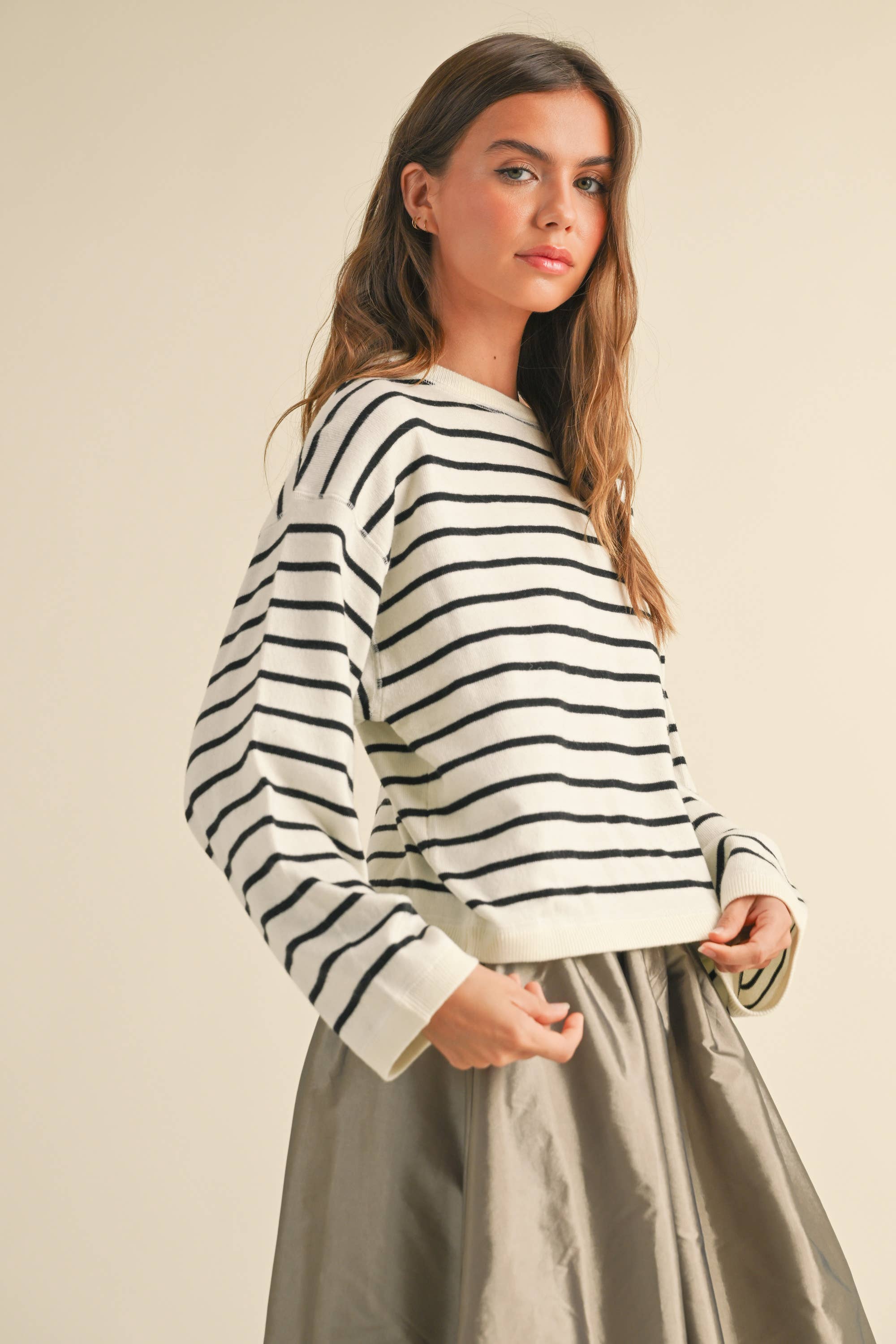 Sia Striped Soft Knit Sweater B/W or Cream/Brown