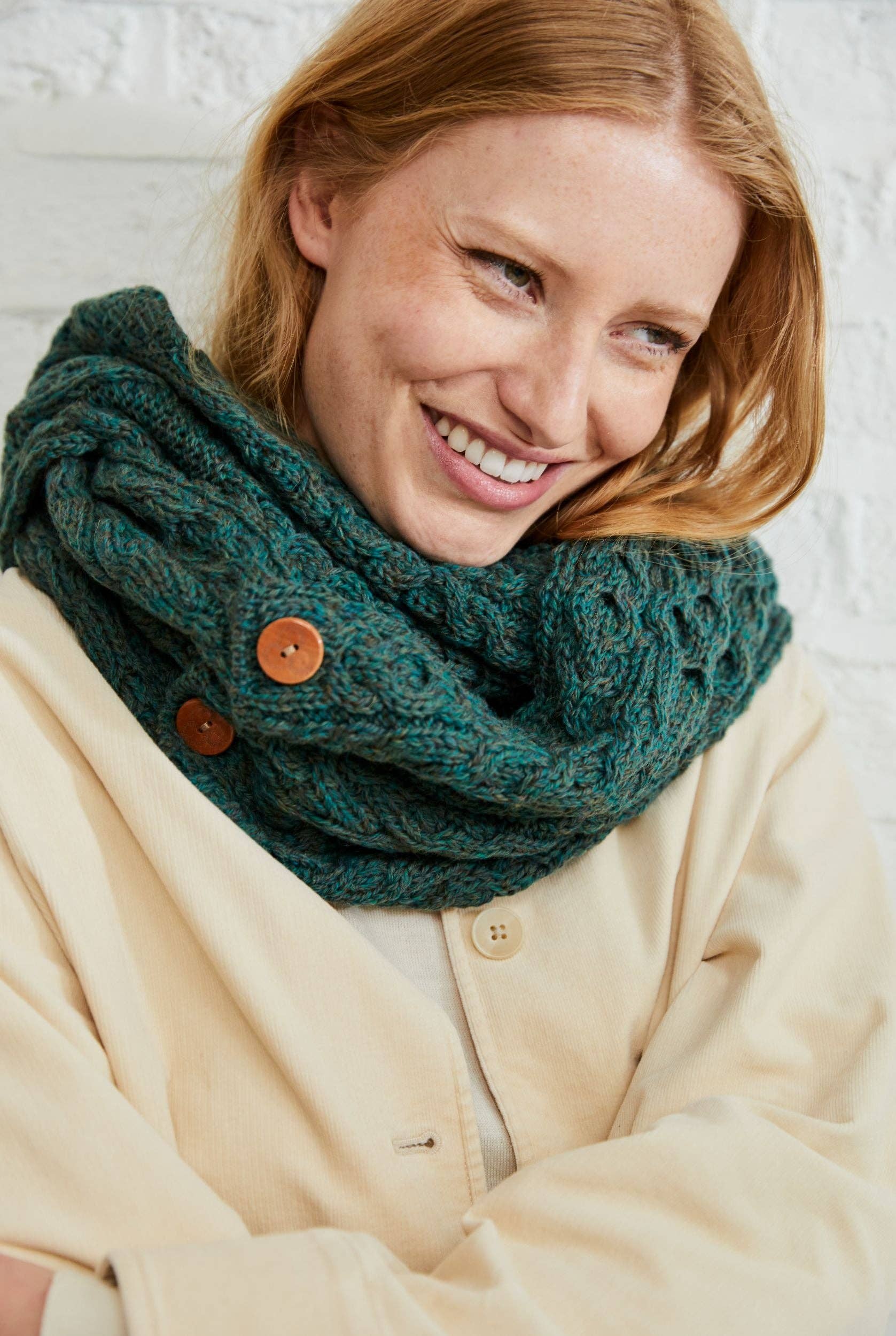 Kilmaine Aran Snood Scarf with Buttons - Green