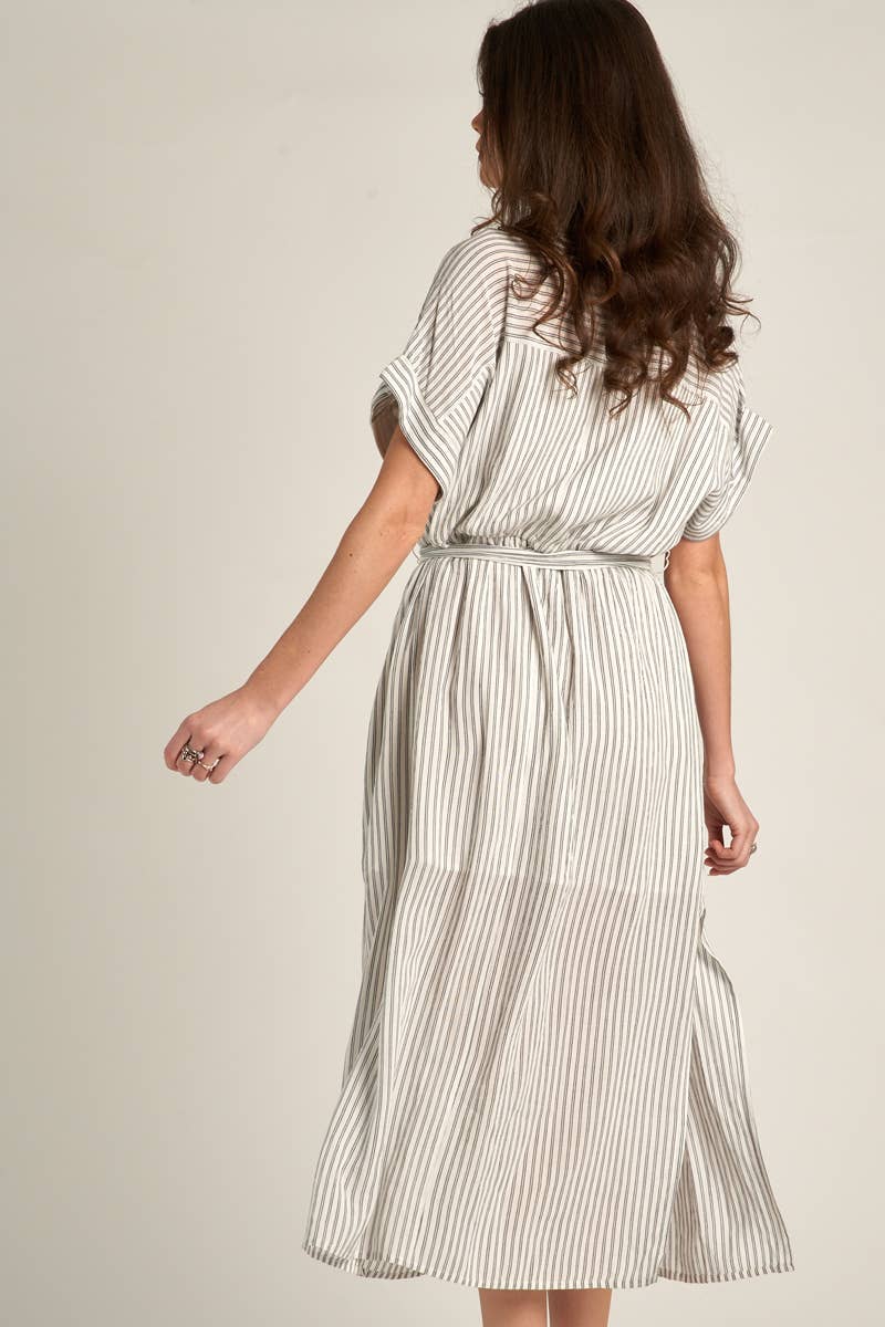 Sia White Striped Sleeve Button Down Shirt Dress