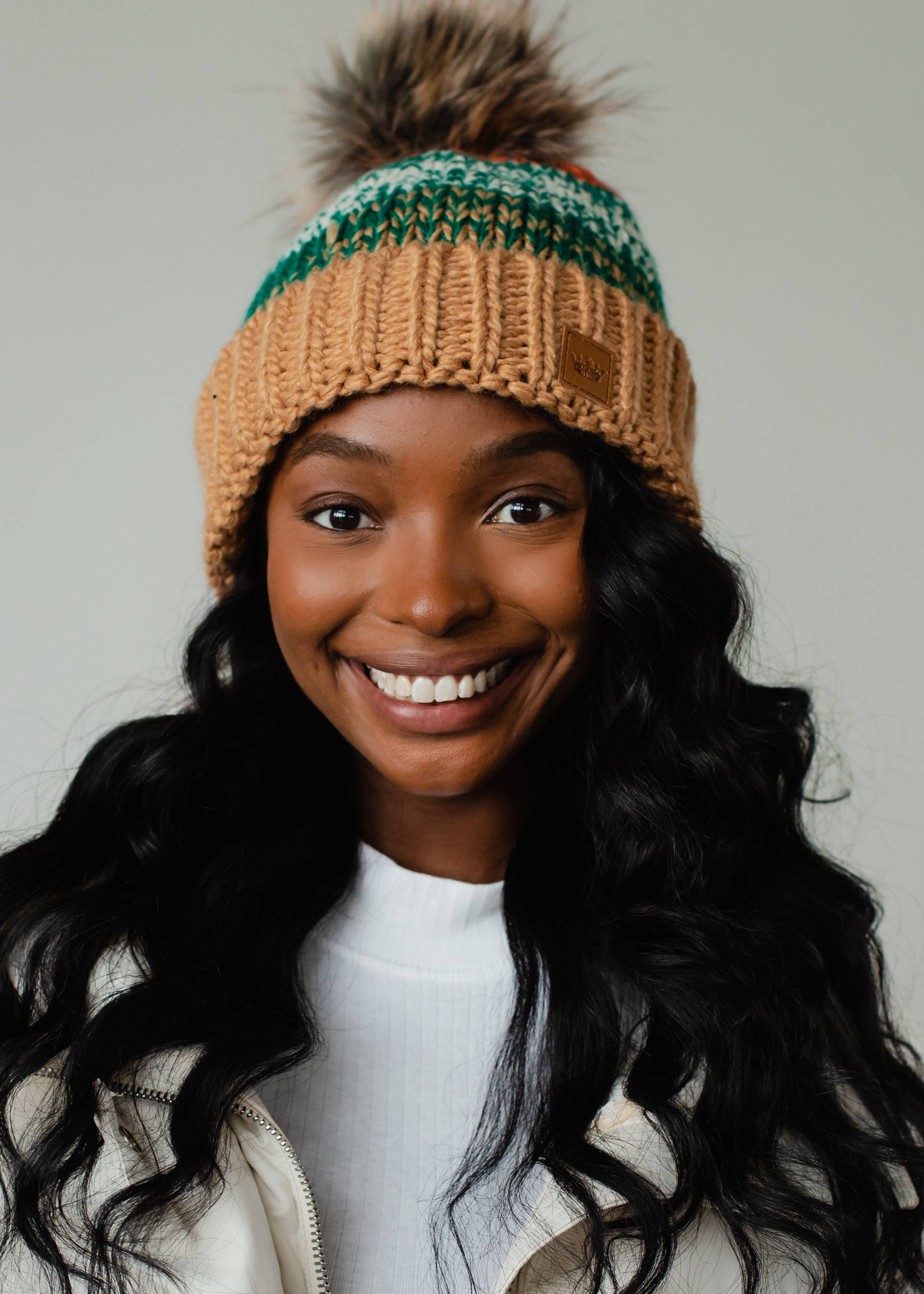 Camel, Green & Orange Patterned Pom Hat