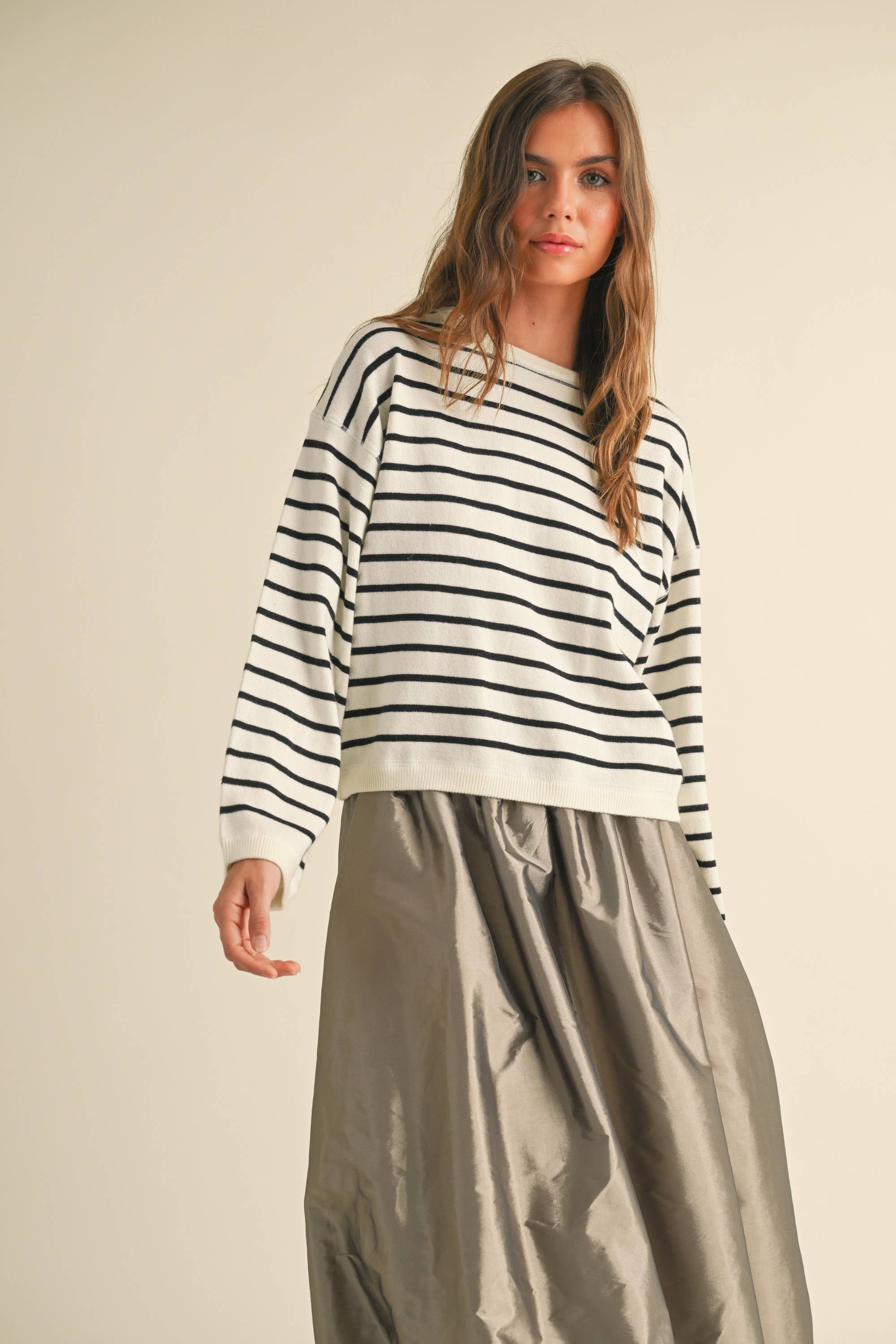 Sia Striped Soft Knit Sweater B/W or Cream/Brown