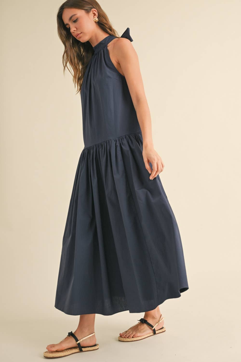 Swan Dress with Tie Back in Navy