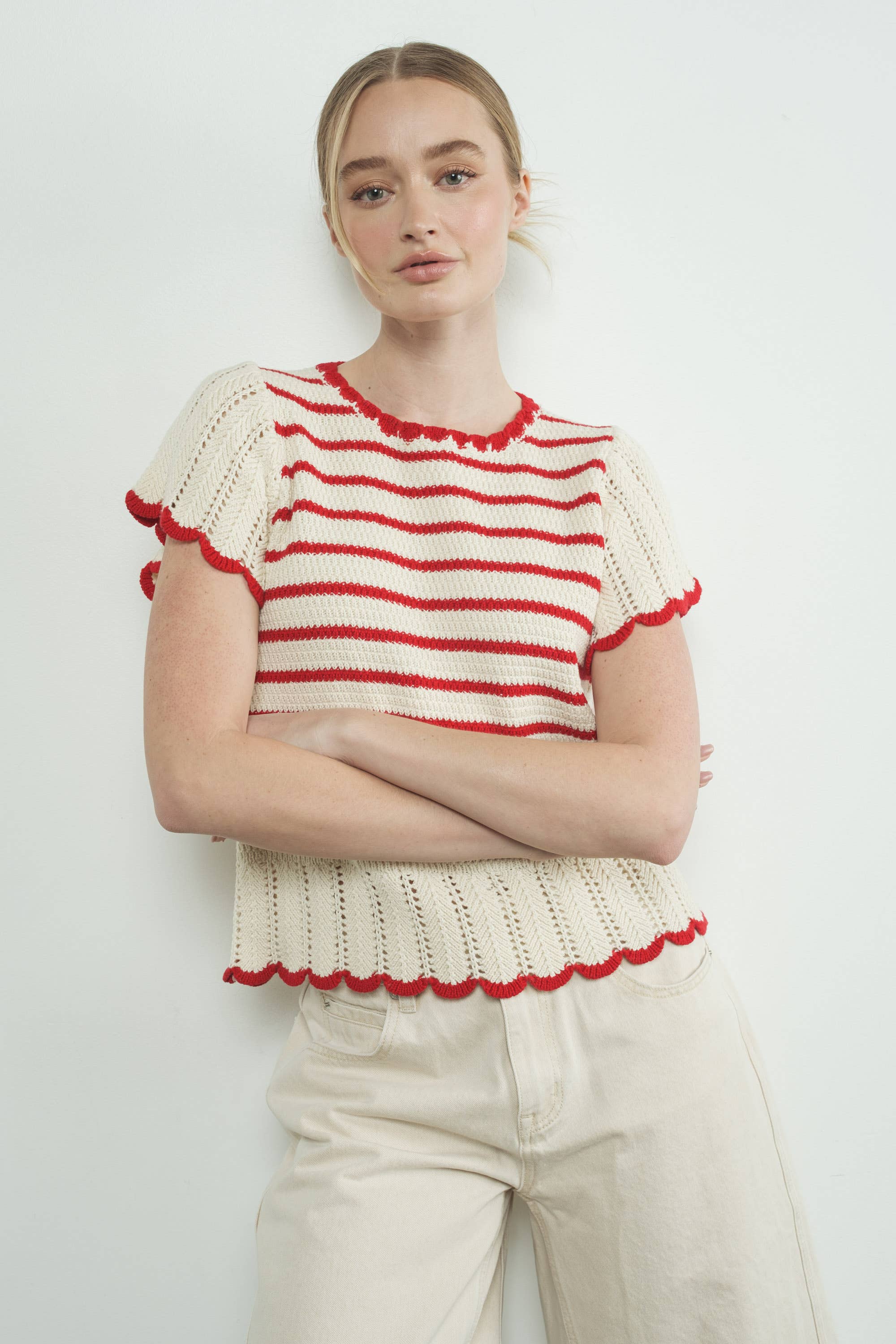 Striped Crochet S/S Sweater in Red/White