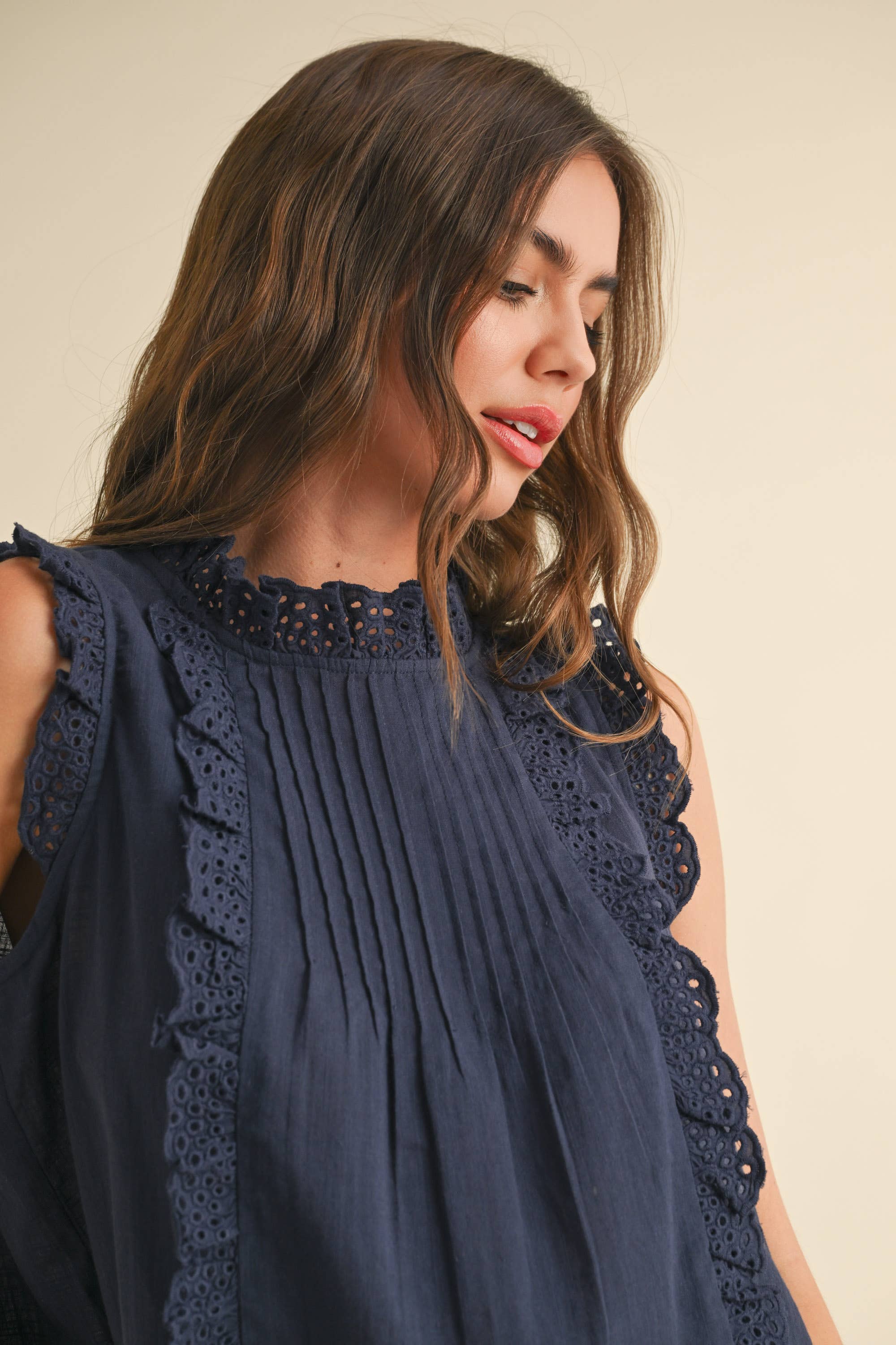 Eyelet Ruffle Trim Cotton Top