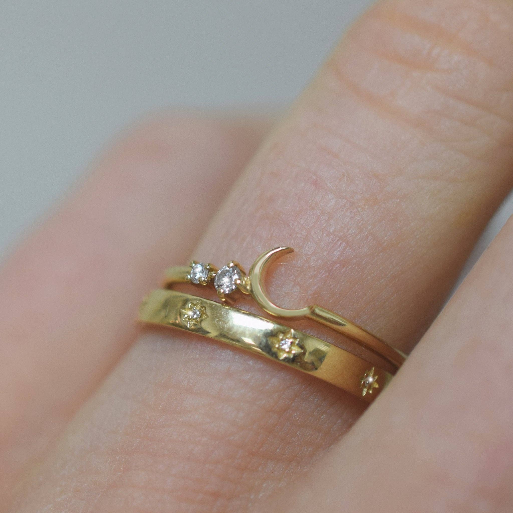 Solid Gold Diamond Fly Me To the Moon Ring