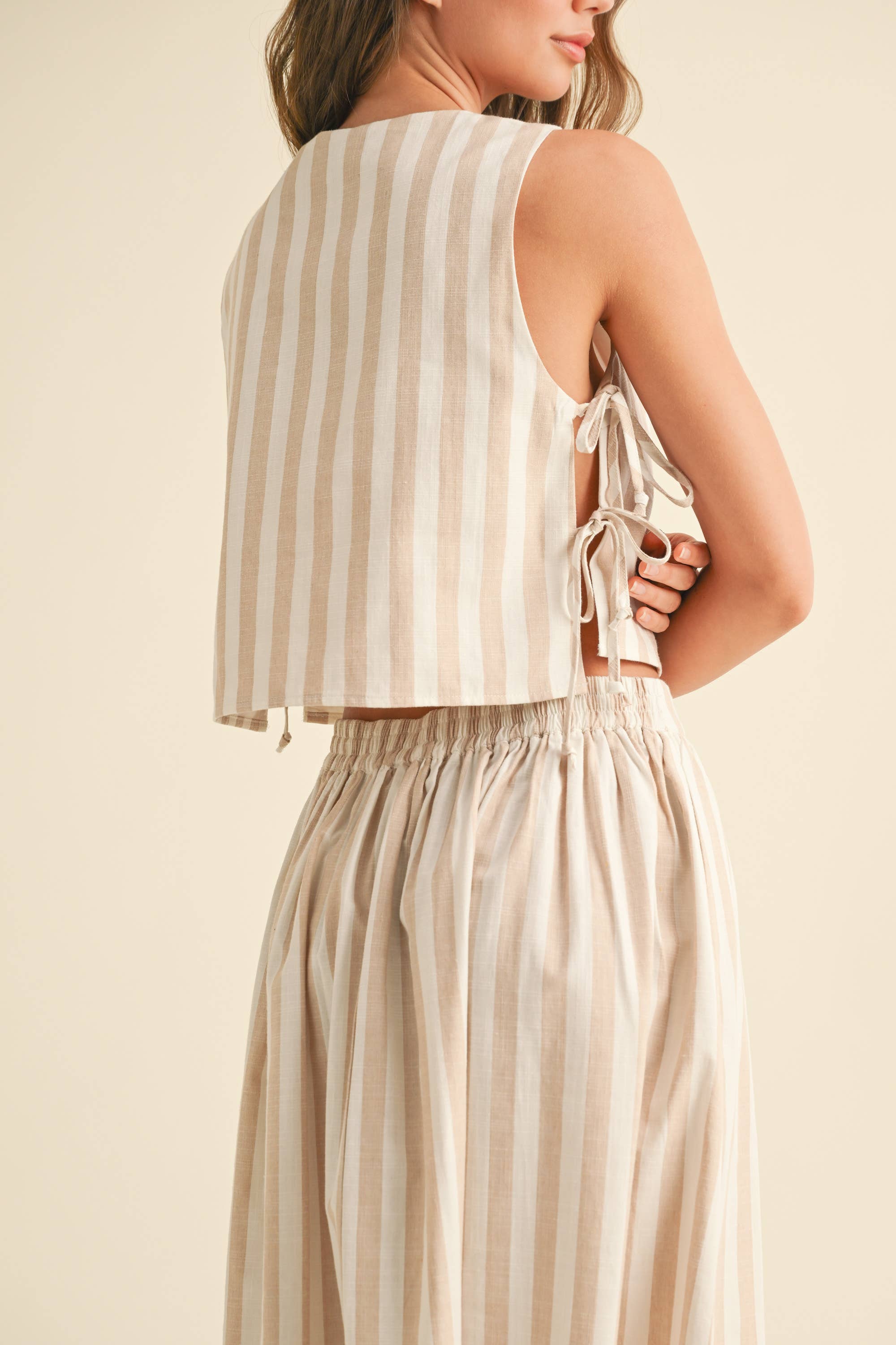 Kara Striped Cotton Tank with Ties in Beige