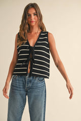 Striped Knit Tie Front Vest in Olive