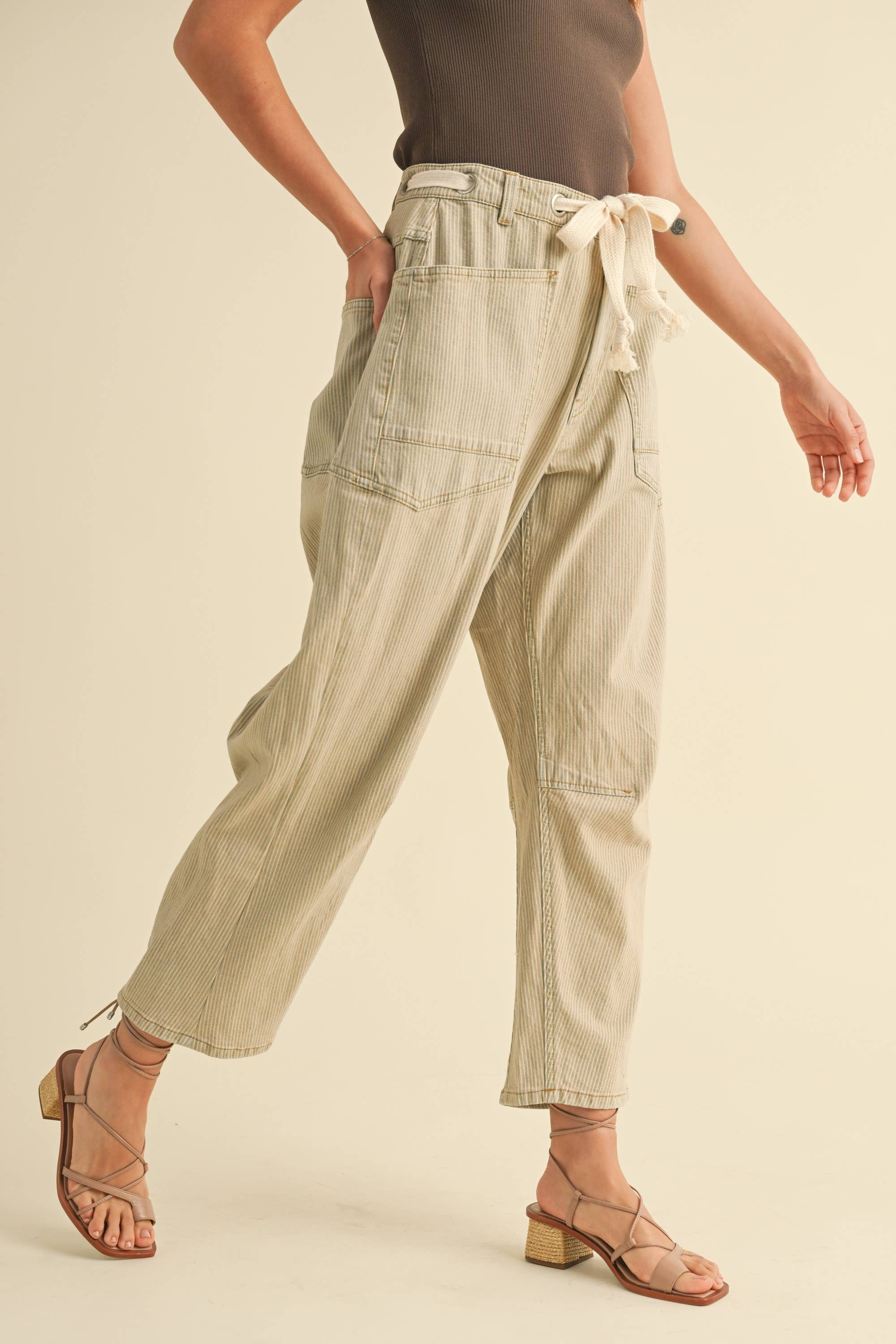 Light Striped Cotton Denim with Tie Pants