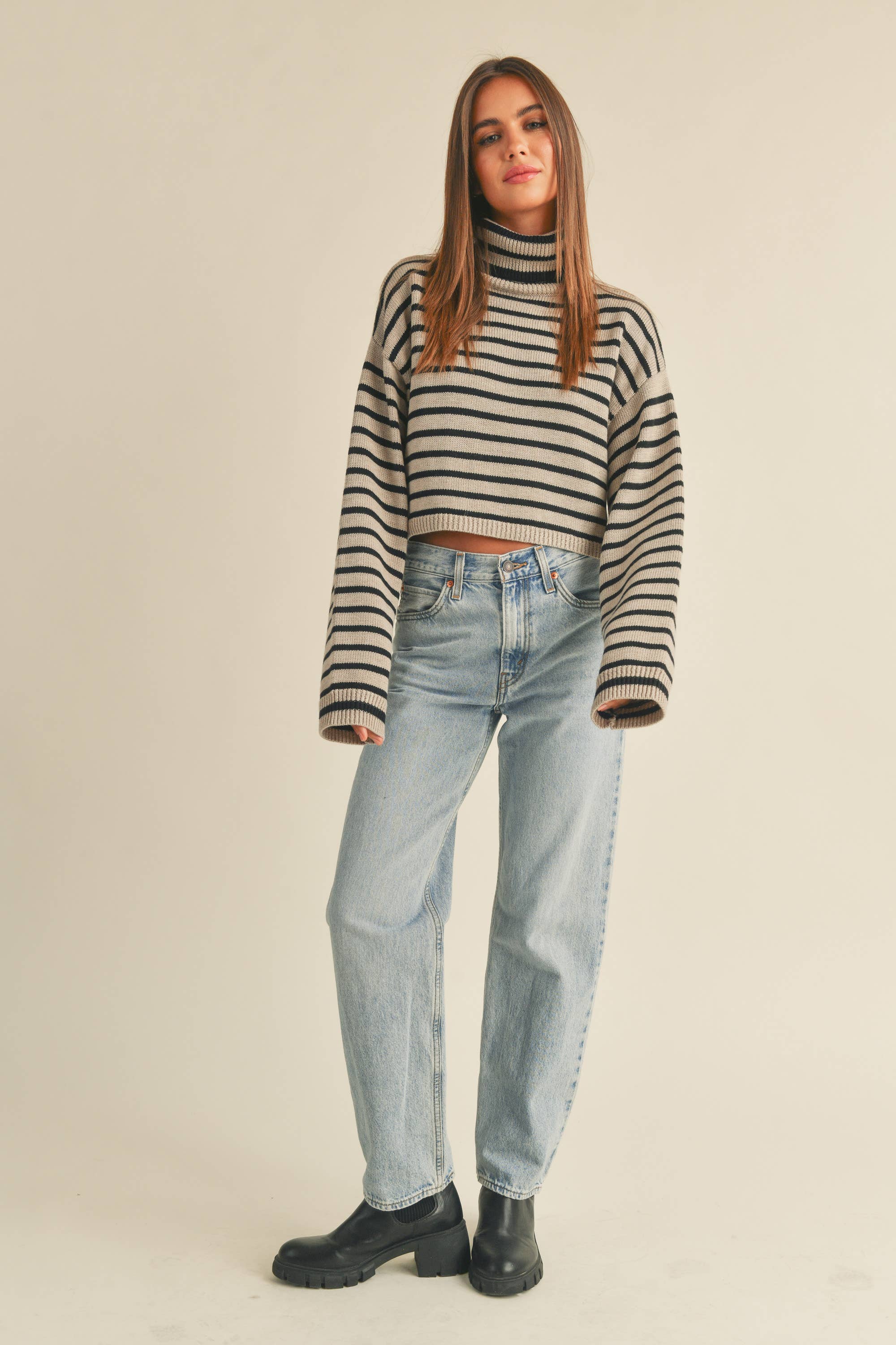 Striped Cropped Turtleneck Sweater