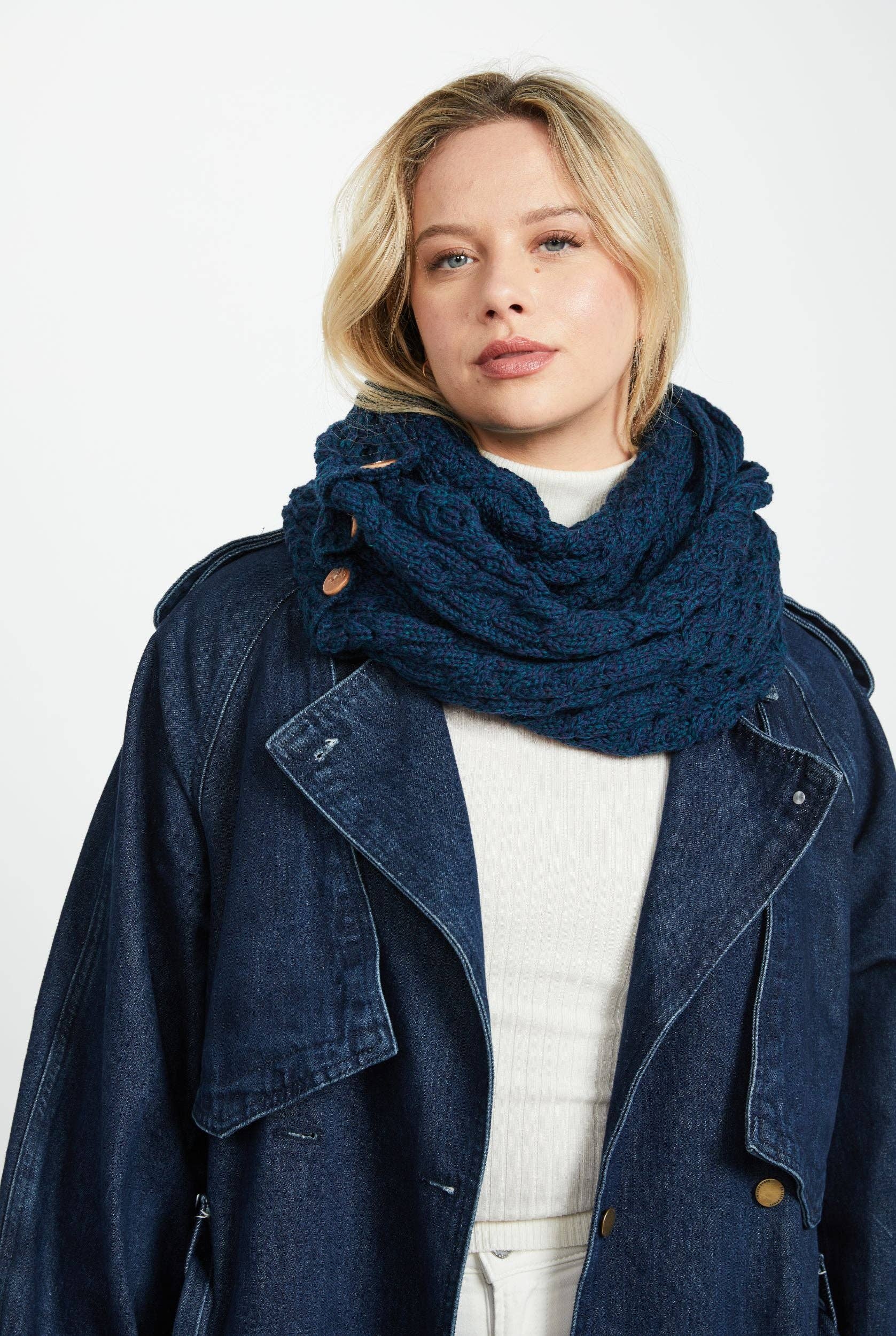 Kilmaine Aran Snood Scarf with Buttons - Atlantic Blue