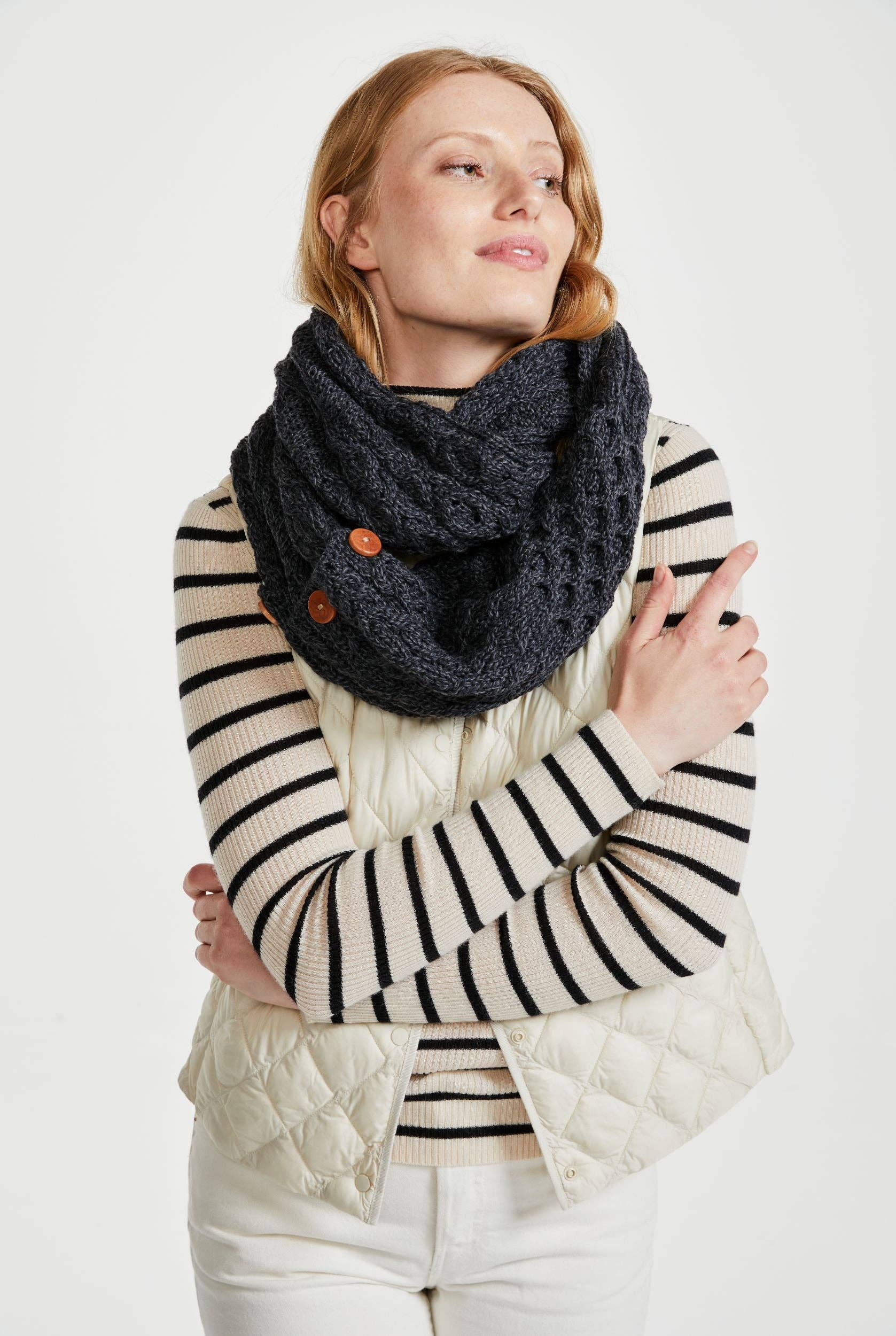 Kilmaine Aran Snood Scarf with Buttons -  Charcoal