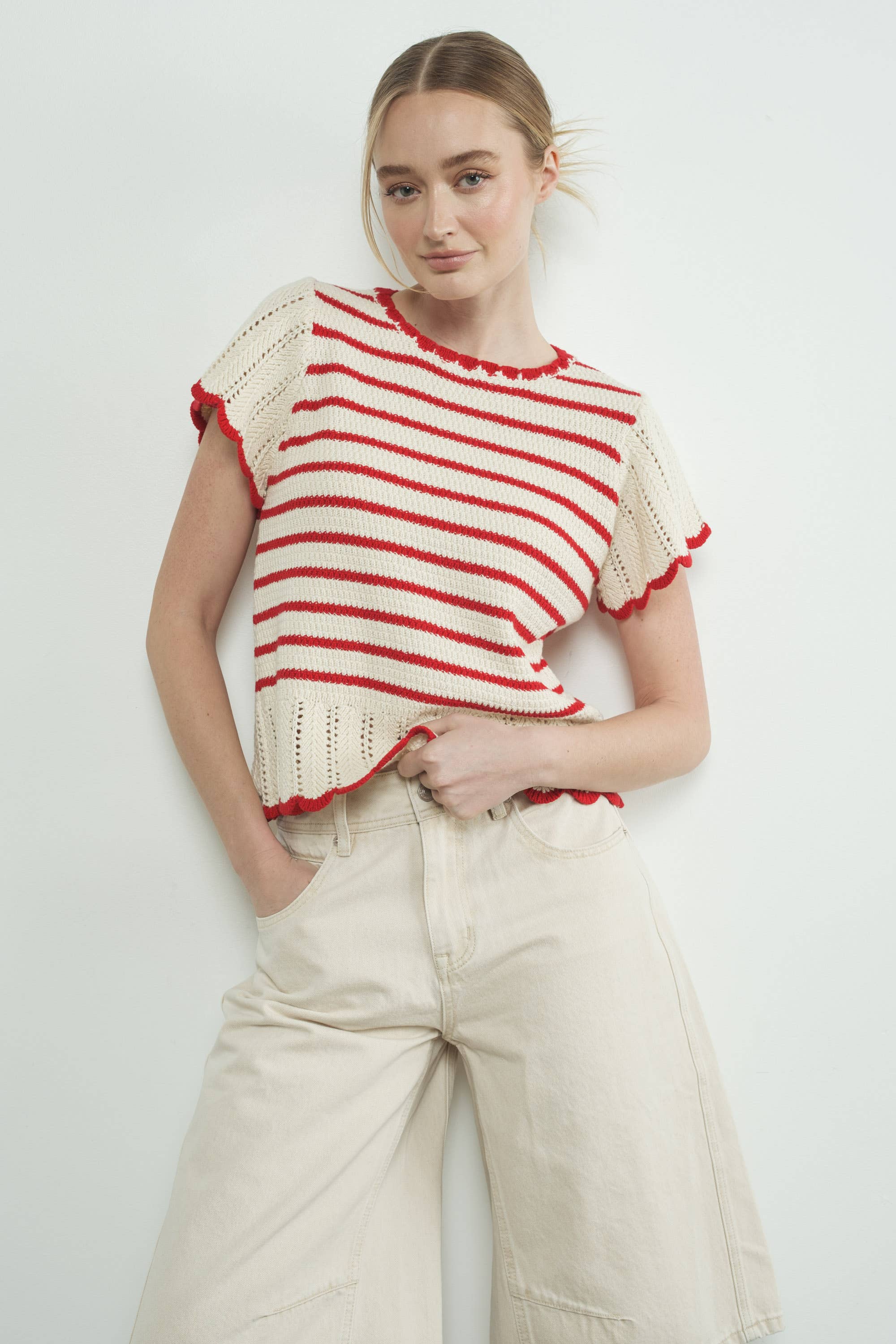 Striped Crochet S/S Sweater in Red/White