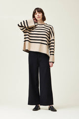 Sigi Wide Rib Hem Sweater in Oat/Black