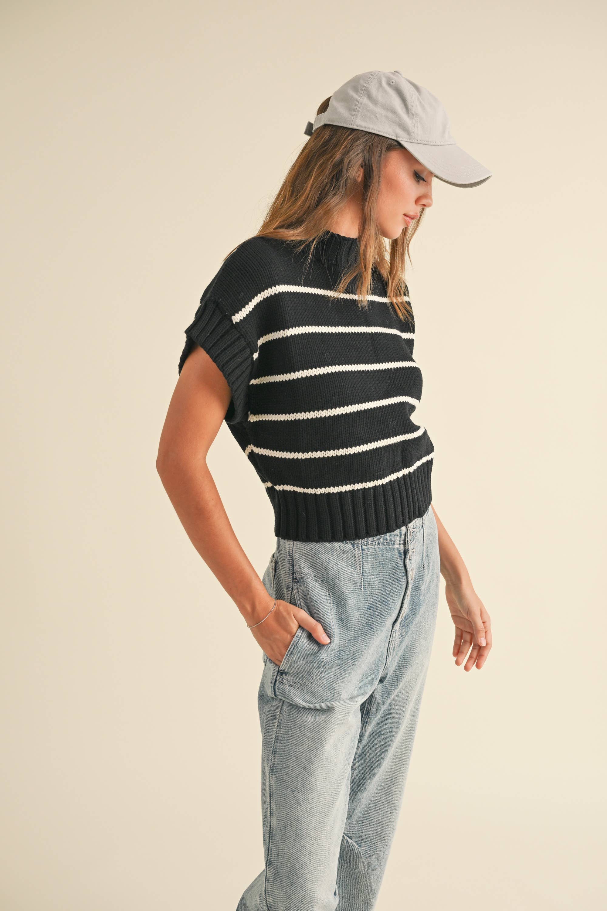 Cali Striped Dolman S/S Sweater in Black or Cream