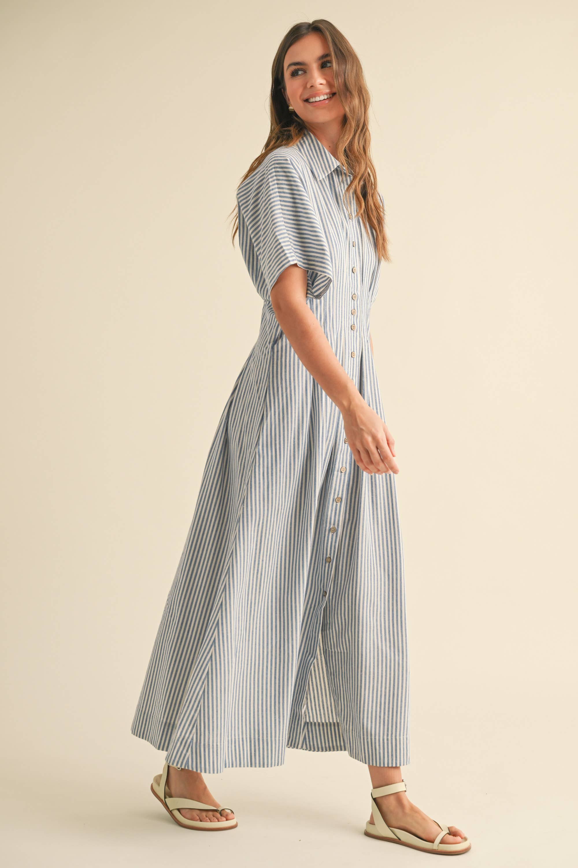 Blue Striped Cotton Button Down Dress