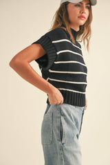 Cali Striped Dolman S/S Sweater in Black or Cream