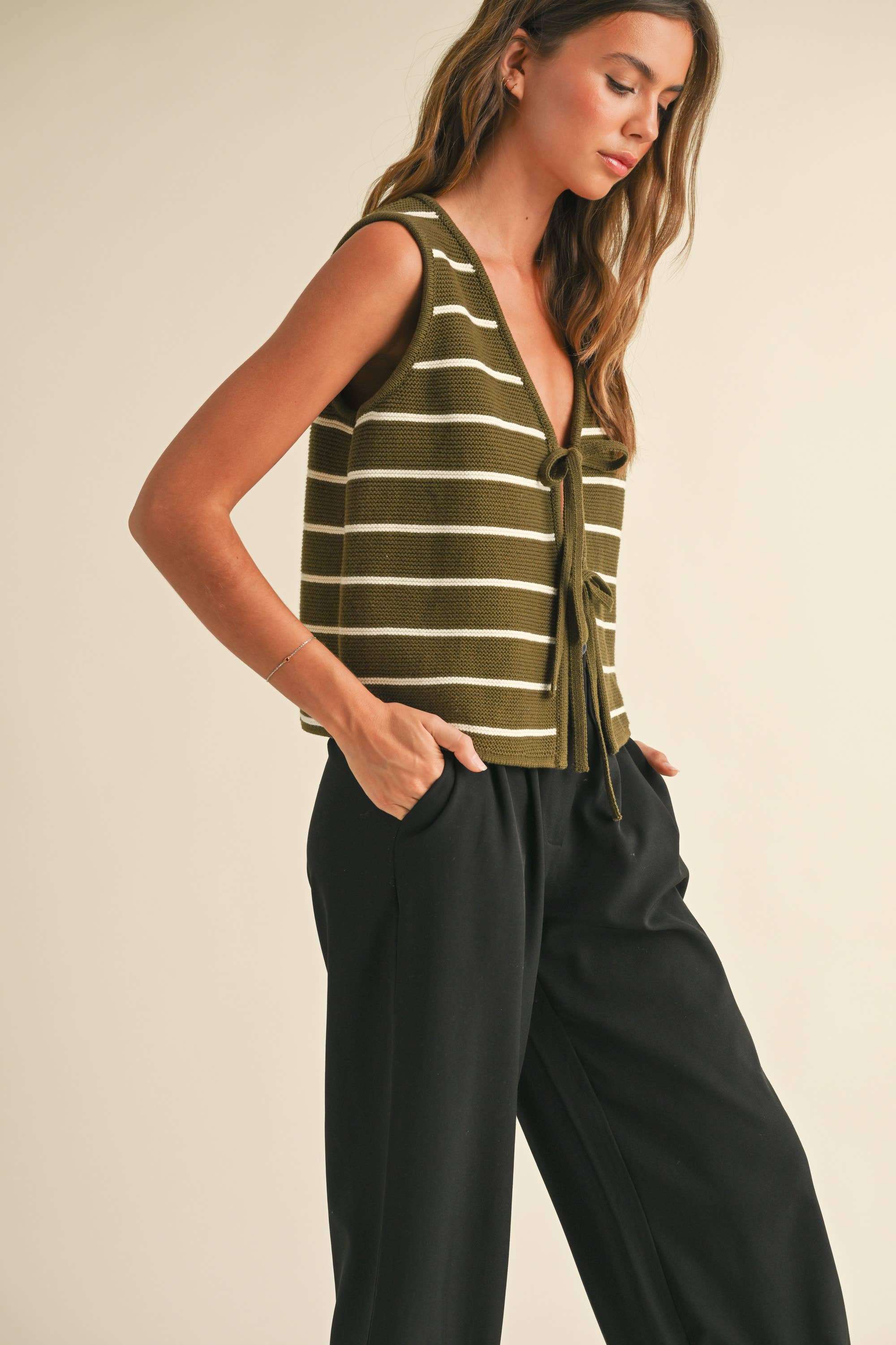 Striped Knit Tie Front Vest in Olive