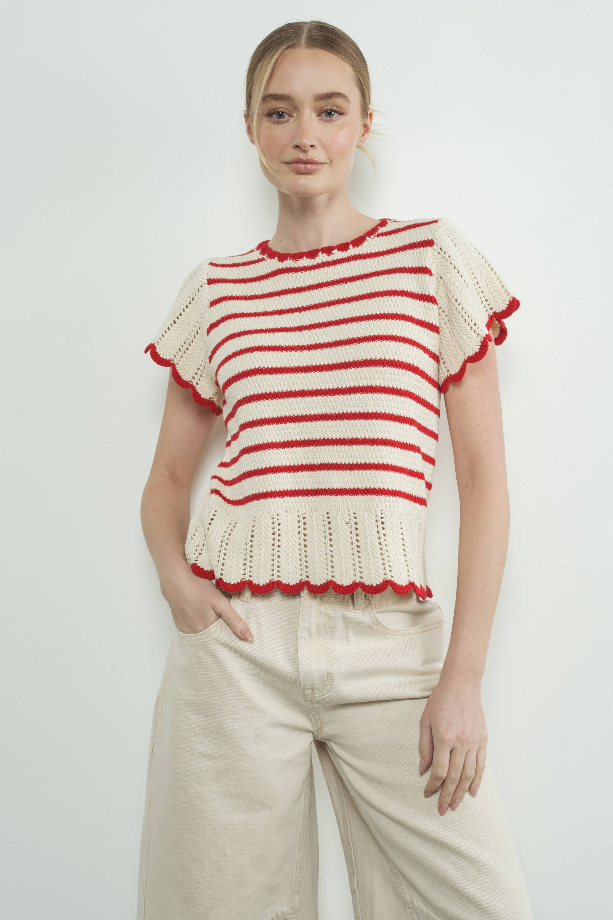 Striped Crochet S/S Sweater in Red/White