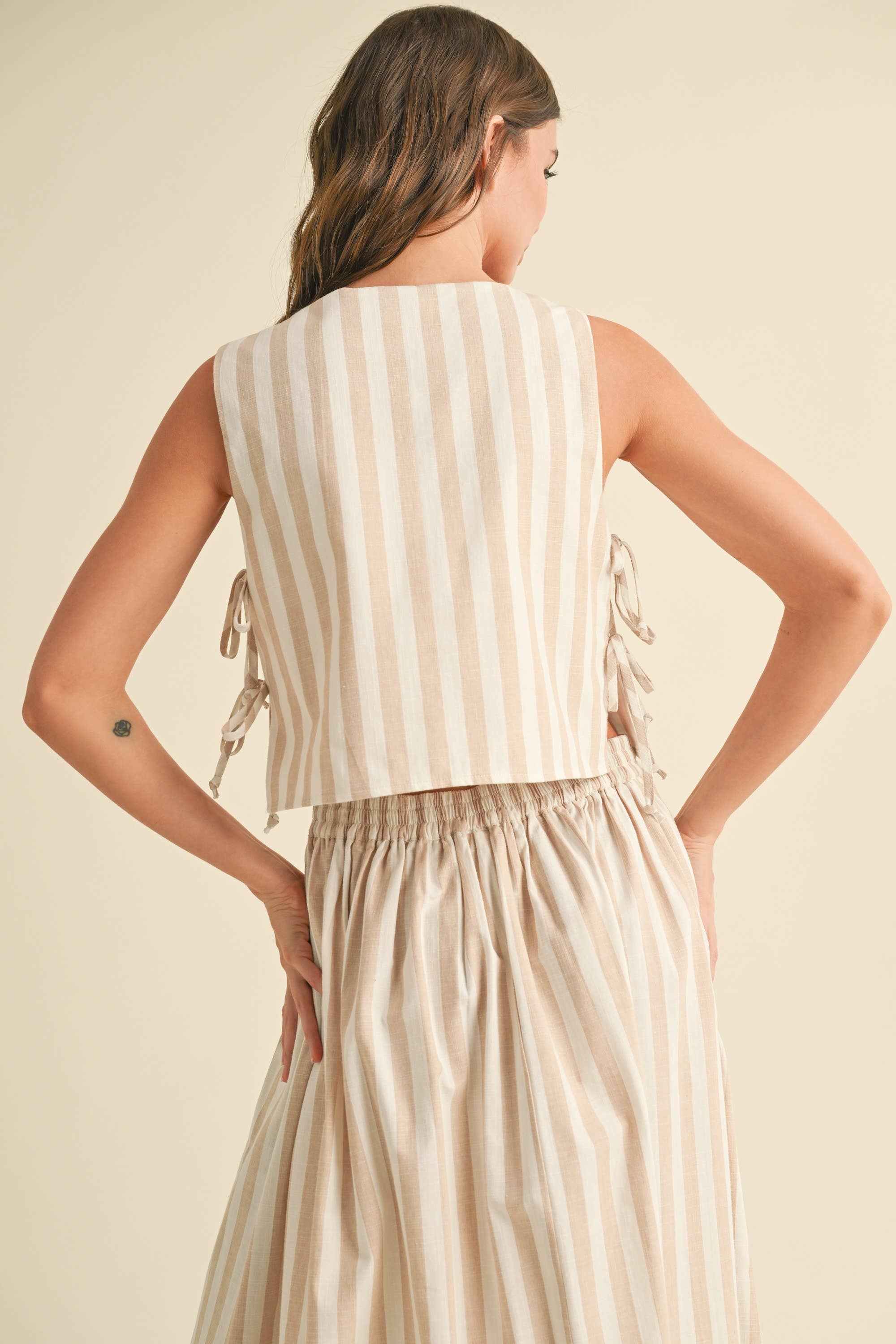 Kara Striped Cotton Tank with Ties in Beige