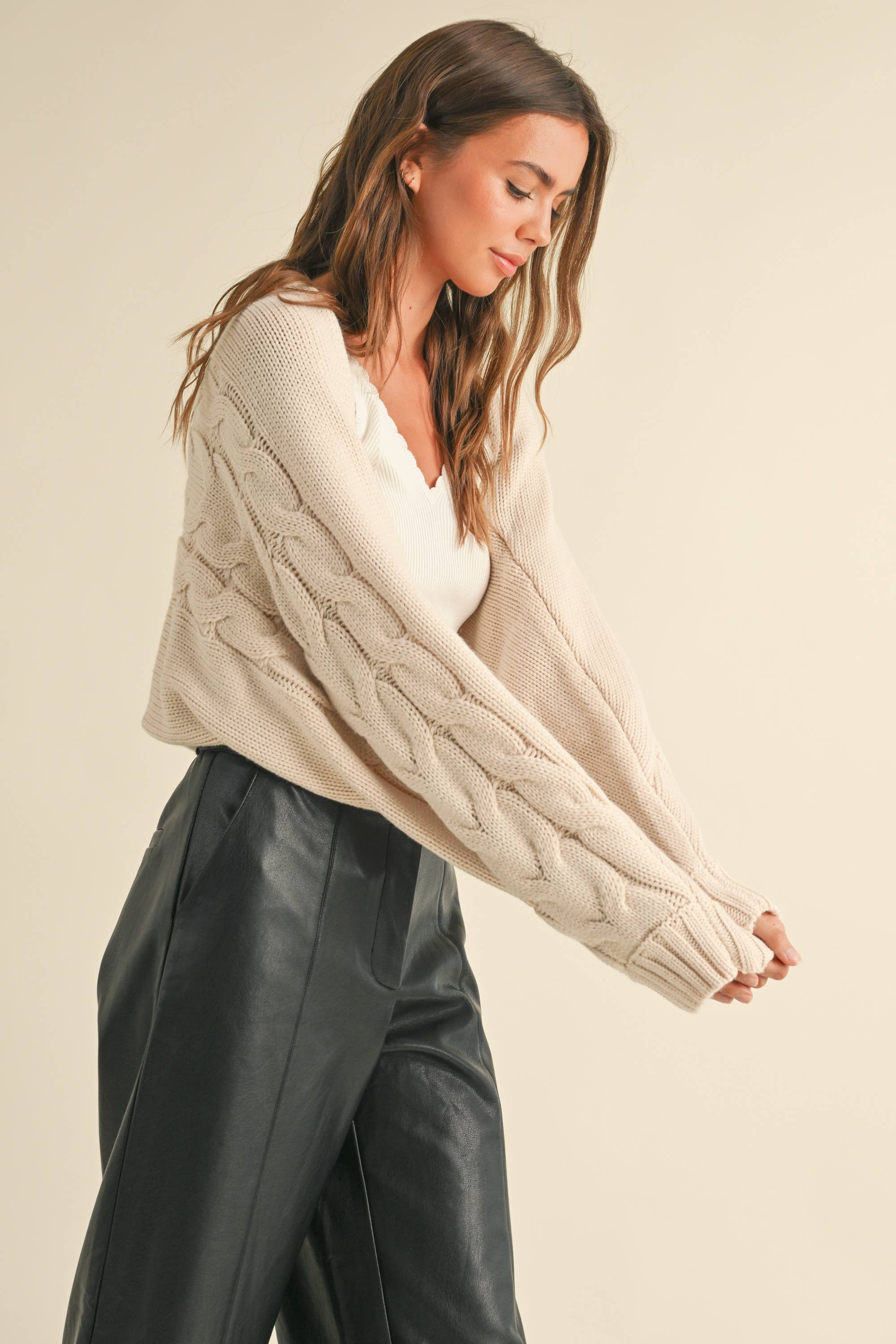 Calle Cable Knitted Cardigan in Beige