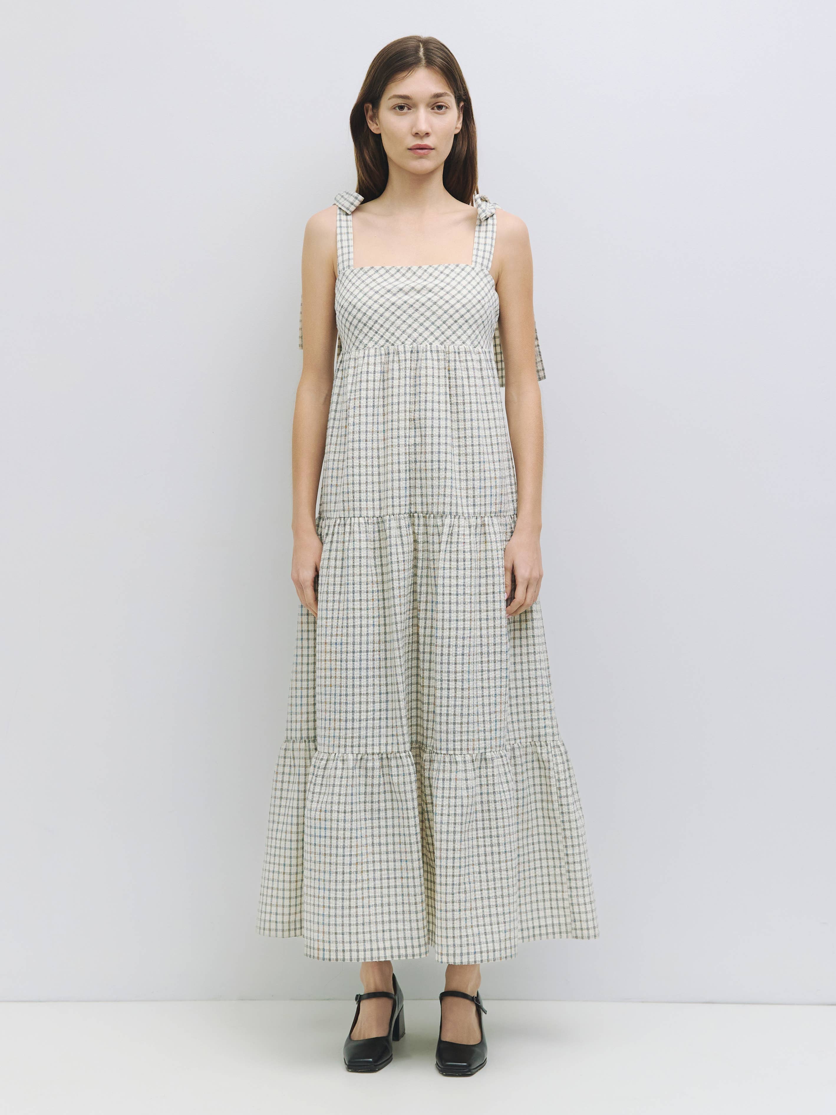 The Eugenia Gingham Babydoll Maxi Dress in White or Navy