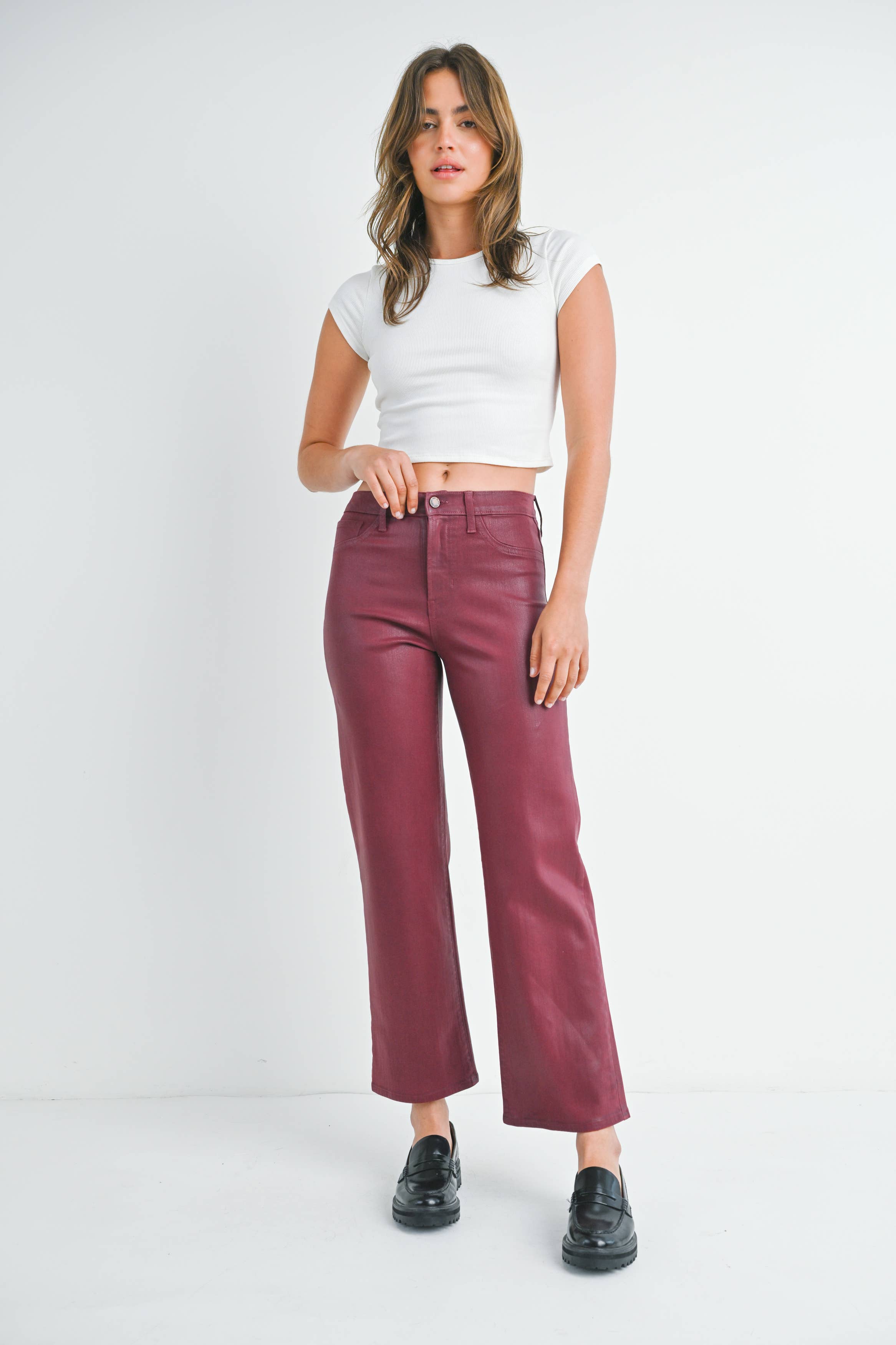 Coated Burgundy Straight Legged Jeans