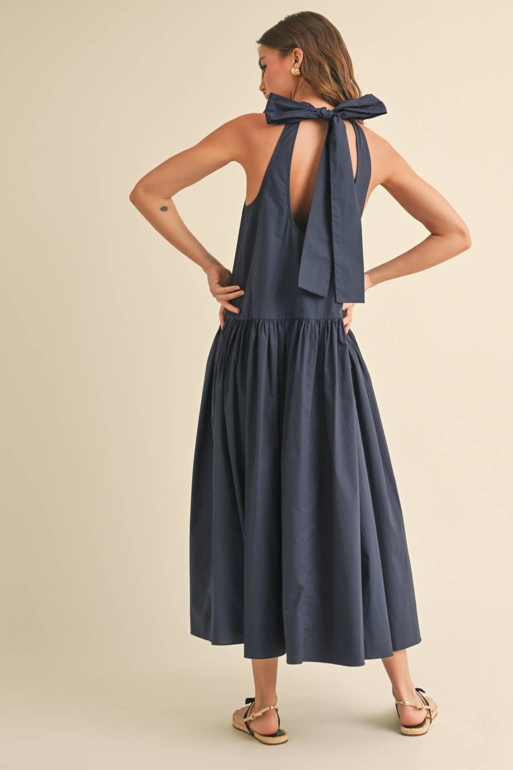 Swan Dress with Tie Back in Navy