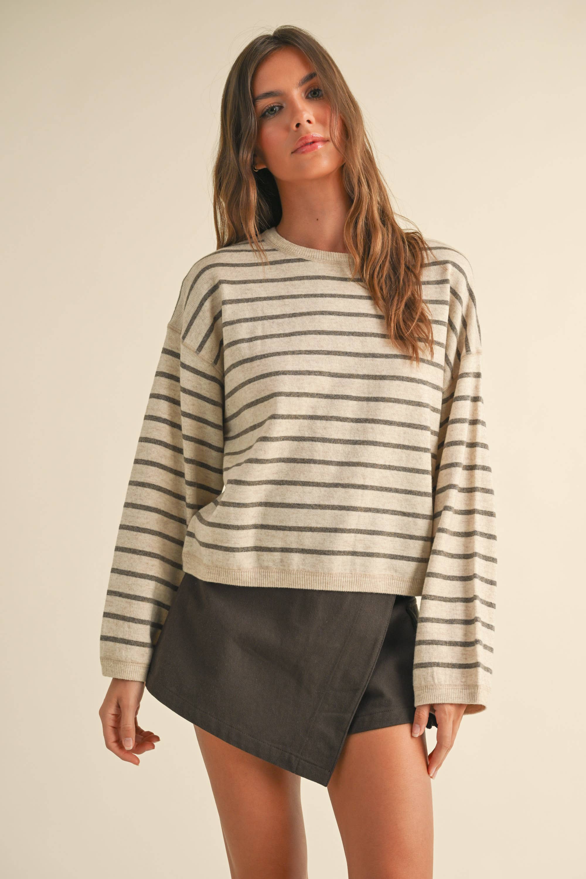 Sia Striped Soft Knit Sweater B/W or Cream/Brown