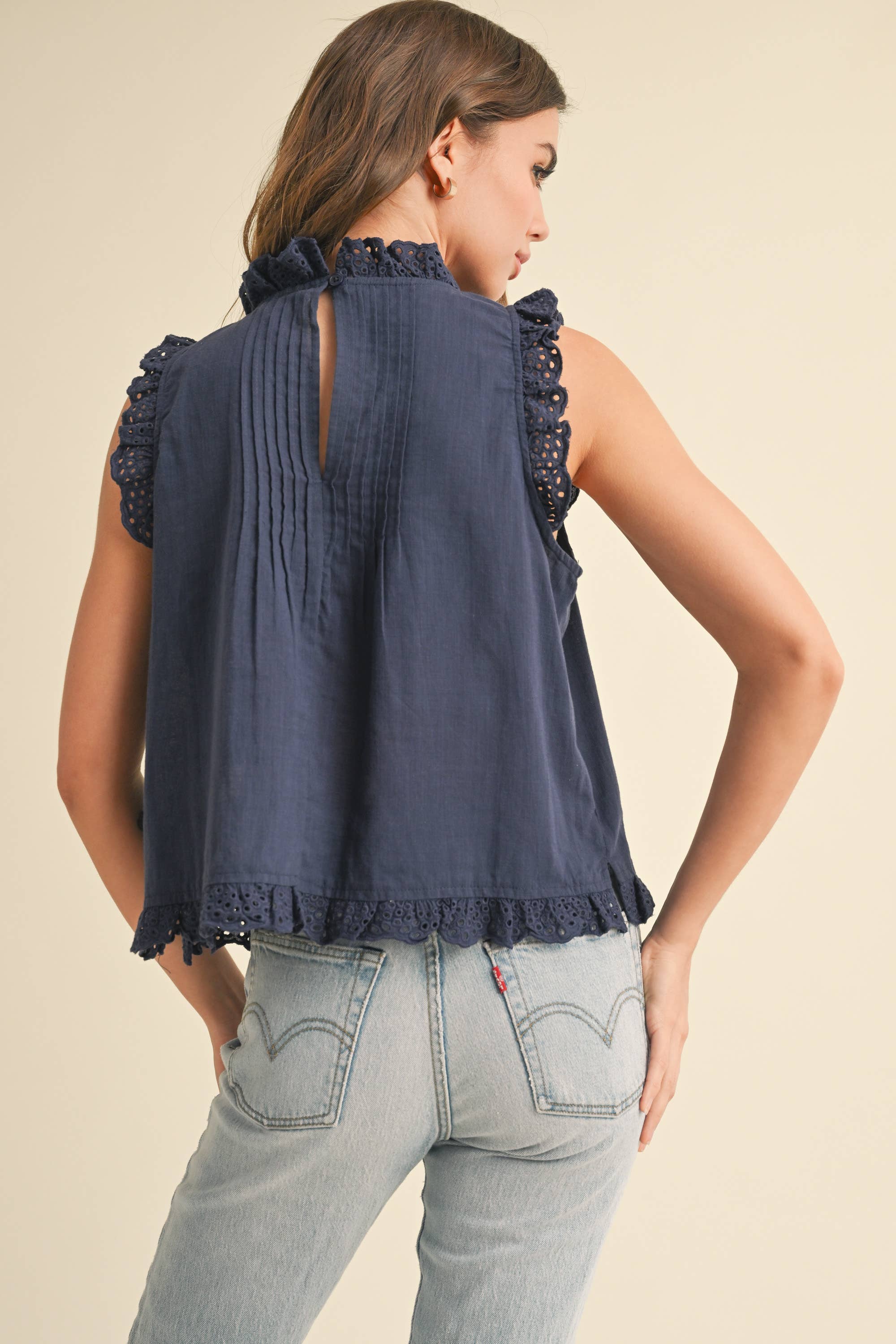 Eyelet Ruffle Trim Cotton Top