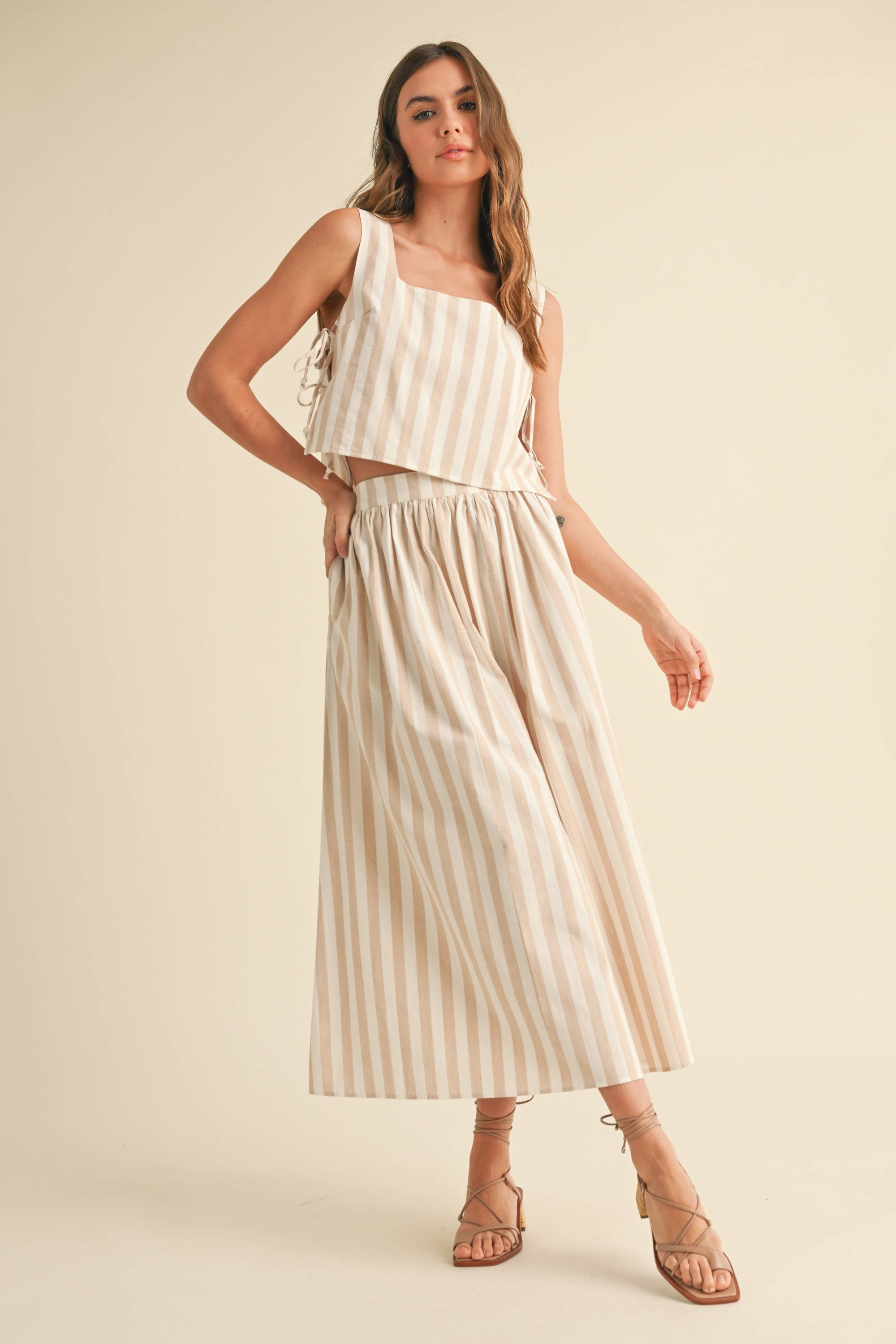 Kara Beige Striped Long Skirt