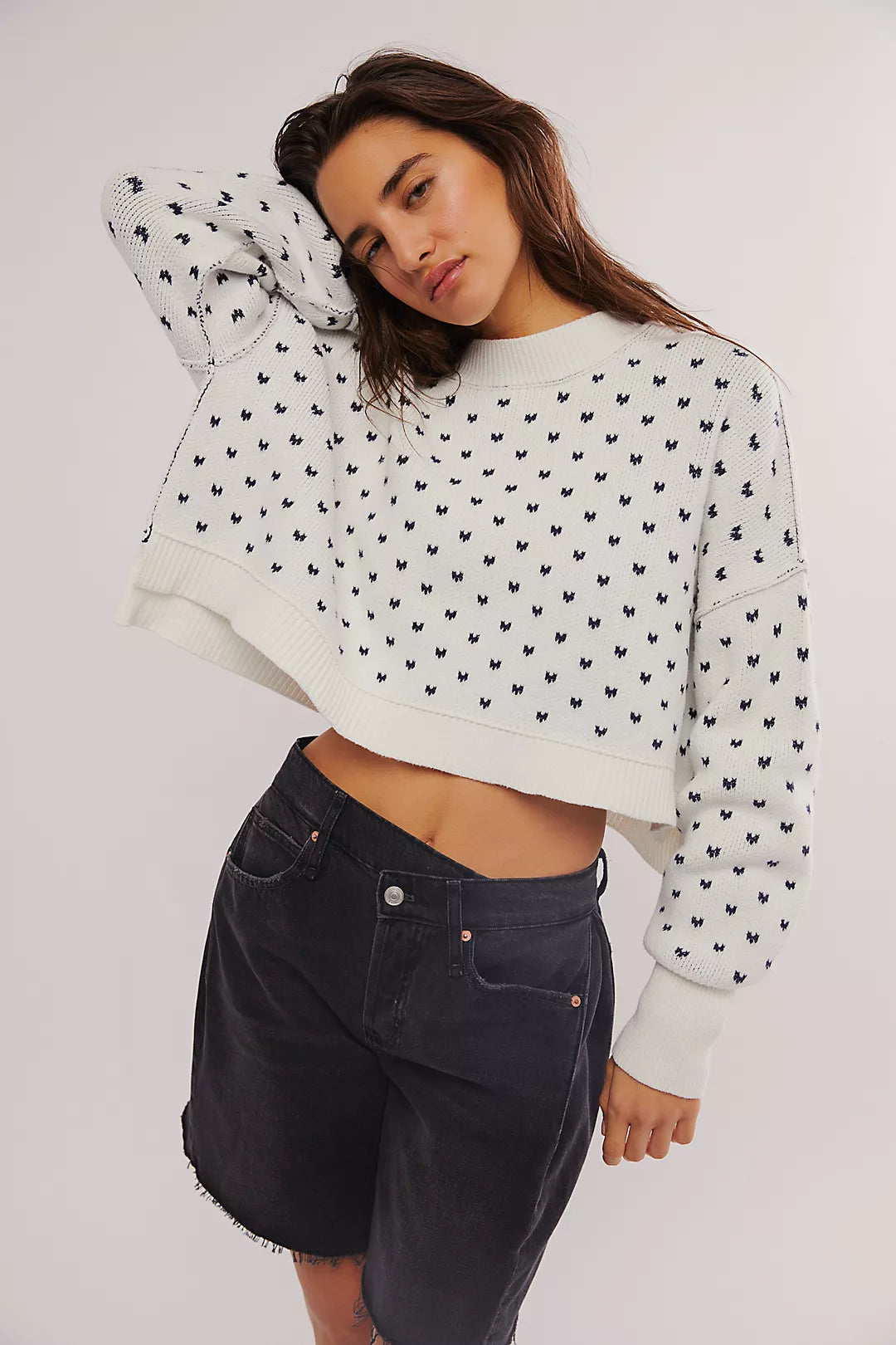 Free People Easy Street Wht/Navy Crop Sweater